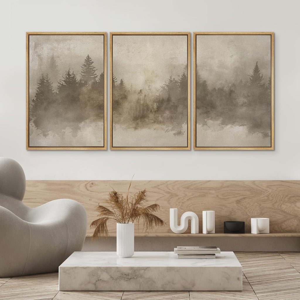 SIGNWIN Framed Canvas Print Wall Art Set Misty Forest Landscape in Sepia Tones Illustrations Modern Bohemian Scenic Colorful Ultra for Living Room, Bedroom, Office - 24'x36'x3 Natural