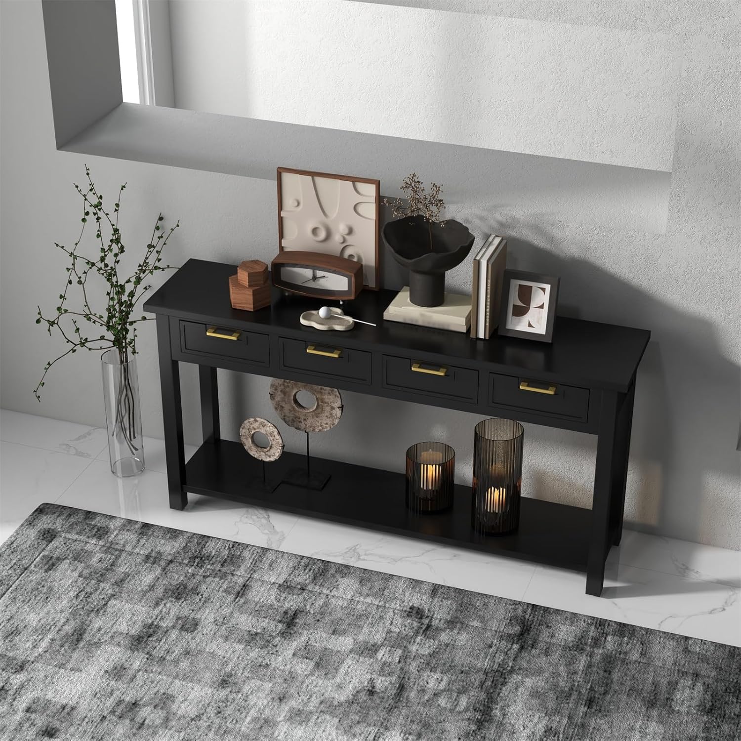 kinbor Black Entryway Table 60 Inch - Long Console Table with 4 Drawers, Narrow Sofa Table with Storage Shelf for Entryway Living Room