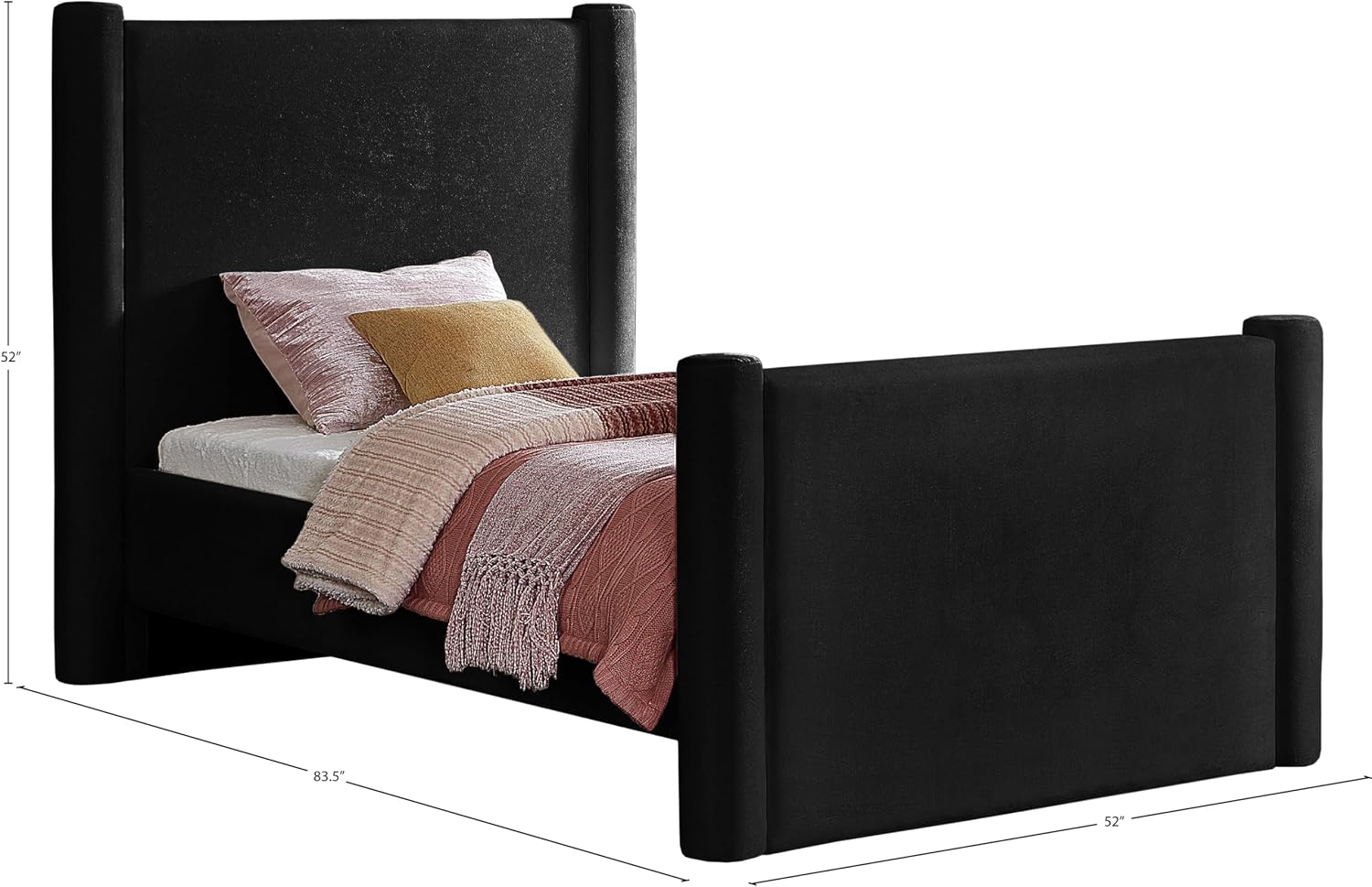 Meridian Furniture B1298Black-T Elias Collection Modern | Contemporary Twin Bed with Soft Black Velvet, Solid Wood Inner Frame, 52' W x 83.5' D x 52' H, Black, Twin