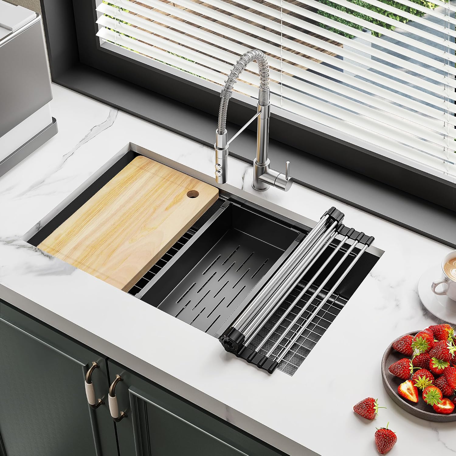 YITAHOME Kitchen Sink Undermount Workstation 32in,Gunmetal Black Stainless Steel Single Bowl w/Ledge & Accessories, Nano-treated Surface Prevents Scratches, RV, Bar Sink 32x19x10in