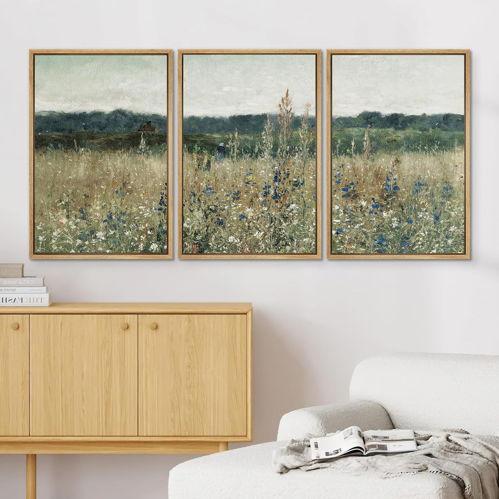 SIGNWIN Framed Canvas Print Wall Art Set Pastoral Fields Rustic Wildflower Countryside Floral Landscape Illustrations Modern Colorful Ultra for Living Room, Bedroom, Office - 24'x36'x3 Natural