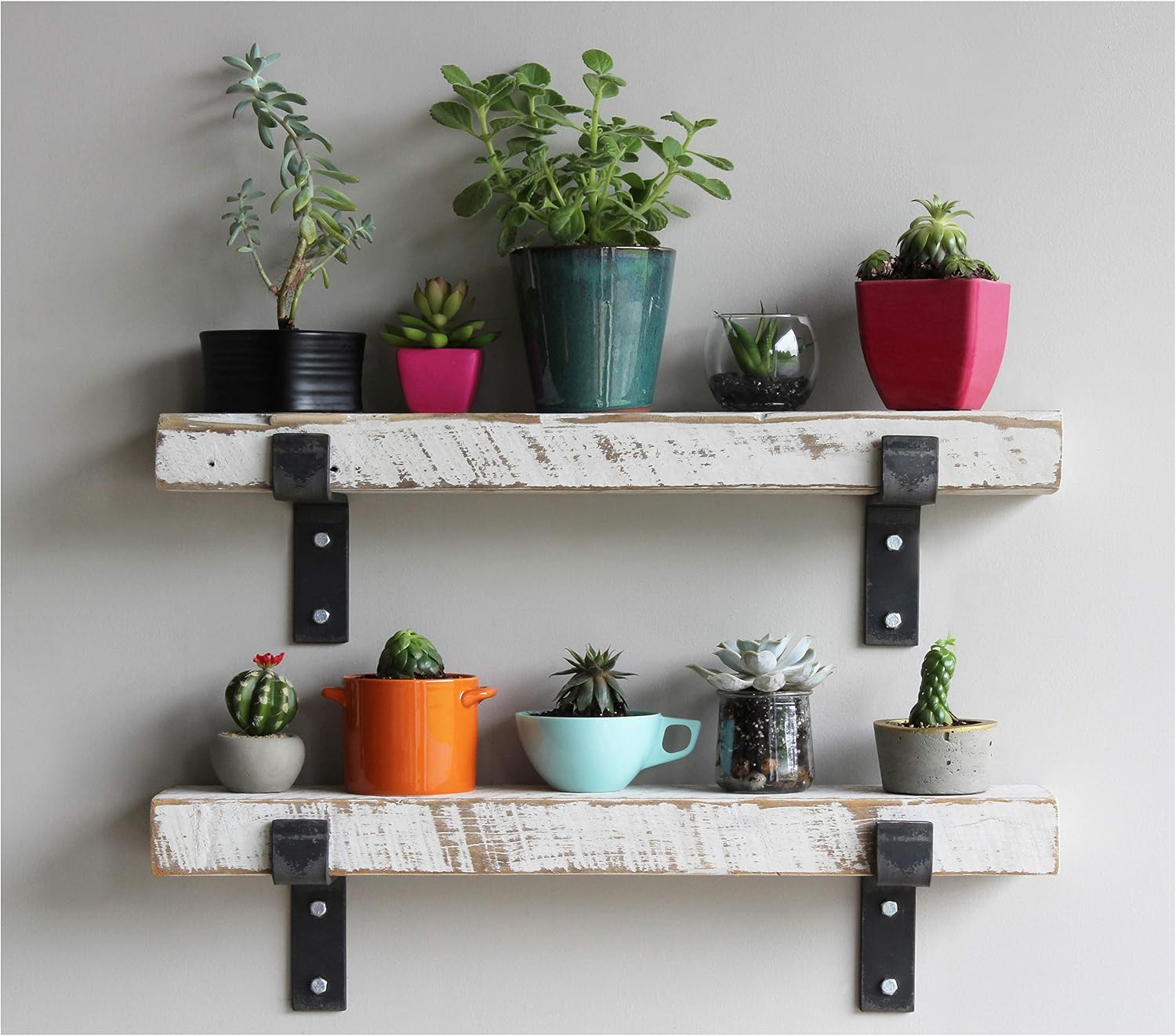 Urban Legacy Accent Shelves | Reclaimed Barn Plank | Set of 2 with Full Brackets (White Wash 24'x 4.5'x 2')