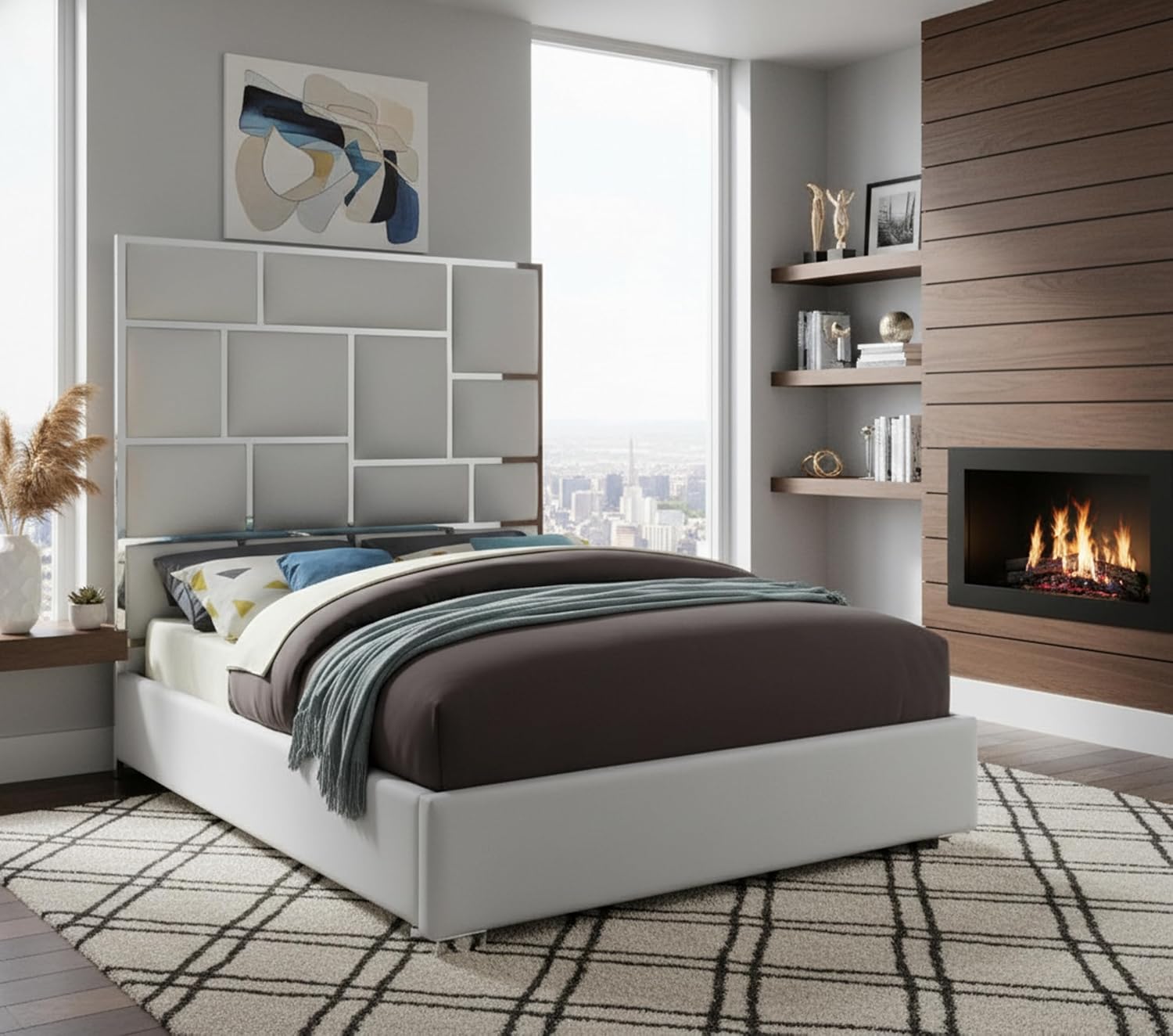 Meridian Furniture MilanWhite-K Milan Collection Modern Contemporary Vegan Leather Upholstered Bed, Custom Chrome Metal Legs, Geometric Designed Headboard, 81.5' W x 84.5' D x 70' H, White, King