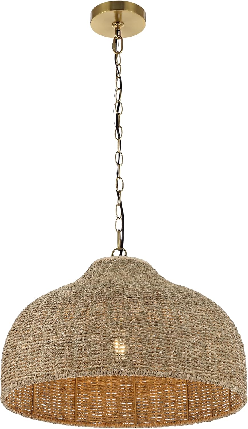 JONATHAN Y 20' Brown/Brass Gold 1-Light Rattan and Iron Dome Pendant Light, Adjustable Height Coastal Bohemian Hanging Lamp for Kitchen Island, LED Bulb Included JYL1133A