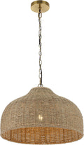 JONATHAN Y 20' Brown/Brass Gold 1-Light Rattan and Iron Dome Pendant Light, Adjustable Height Coastal Bohemian Hanging Lamp for Kitchen Island, LED Bulb Included JYL1133A
