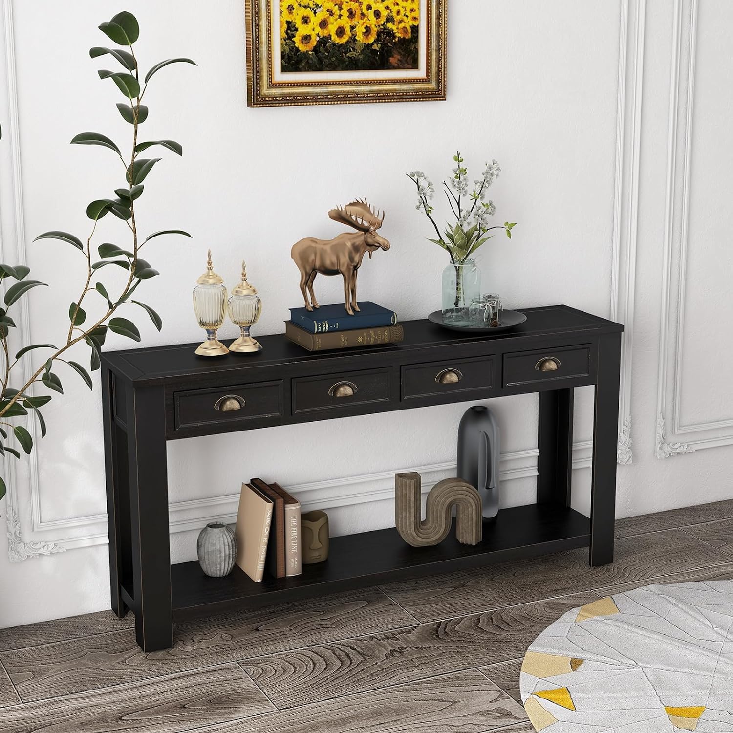 kinbor Long Sofa Table - Black 60 Inch Console Tables for Living Room, Hallway Table with 4 Drawers, Modern Wood Entryway Table with Storge Shelf