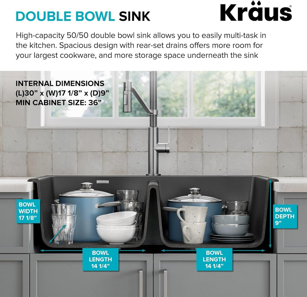 KRAUS Forteza 33-inch Drop in/Undermount 50/50 Double Bowl Granite Kitchen Sink in Black, KGD-52BLACK