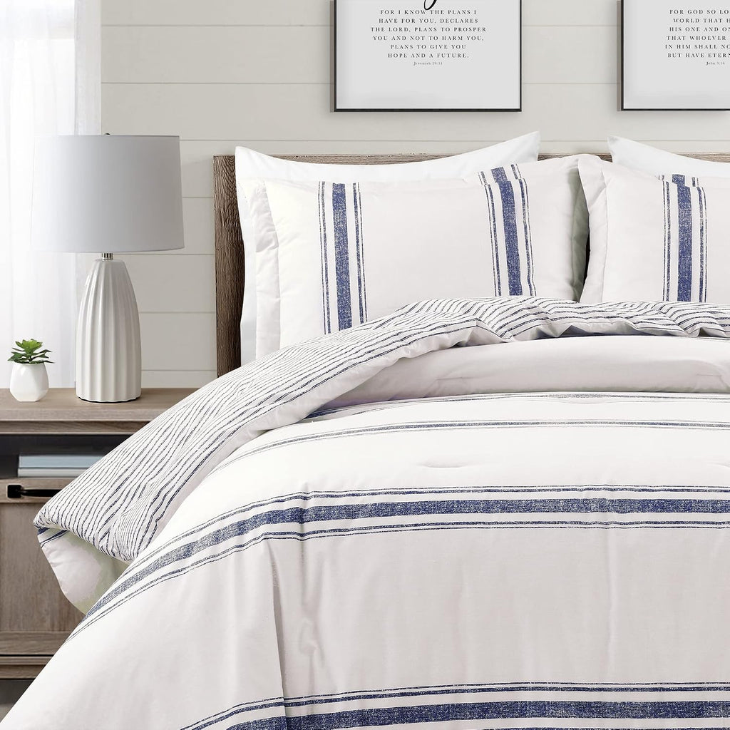 Lush Decor Farmhouse Stripe Reversible Cotton Comforter Set, 3 Piece Set, Full/ Queen, Navy - Cozy Farmhouse Bedding Set - Rustic Decor - Striped Comforter - Modern Farmhouse Bedroom Decor