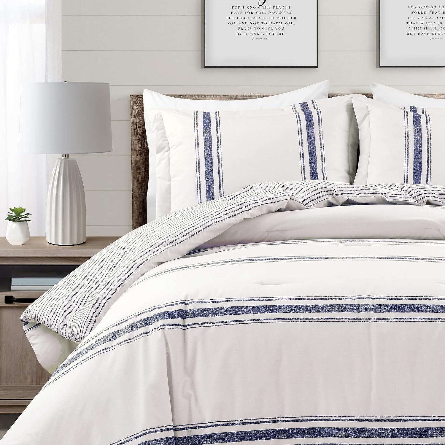 Lush Decor Farmhouse Stripe Reversible Cotton Comforter Set, 3 Piece Set, Full/ Queen, Navy - Cozy Farmhouse Bedding Set - Rustic Decor - Striped Comforter - Modern Farmhouse Bedroom Decor