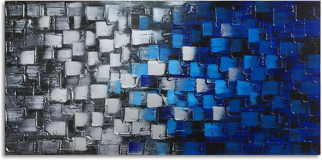 Abstract Dark Blue and Silver Painting Pictures Modern 3D Textured Squares Wall Art on Canvas for Home and Office Decoration Framed Ready to Hang 56x28inch