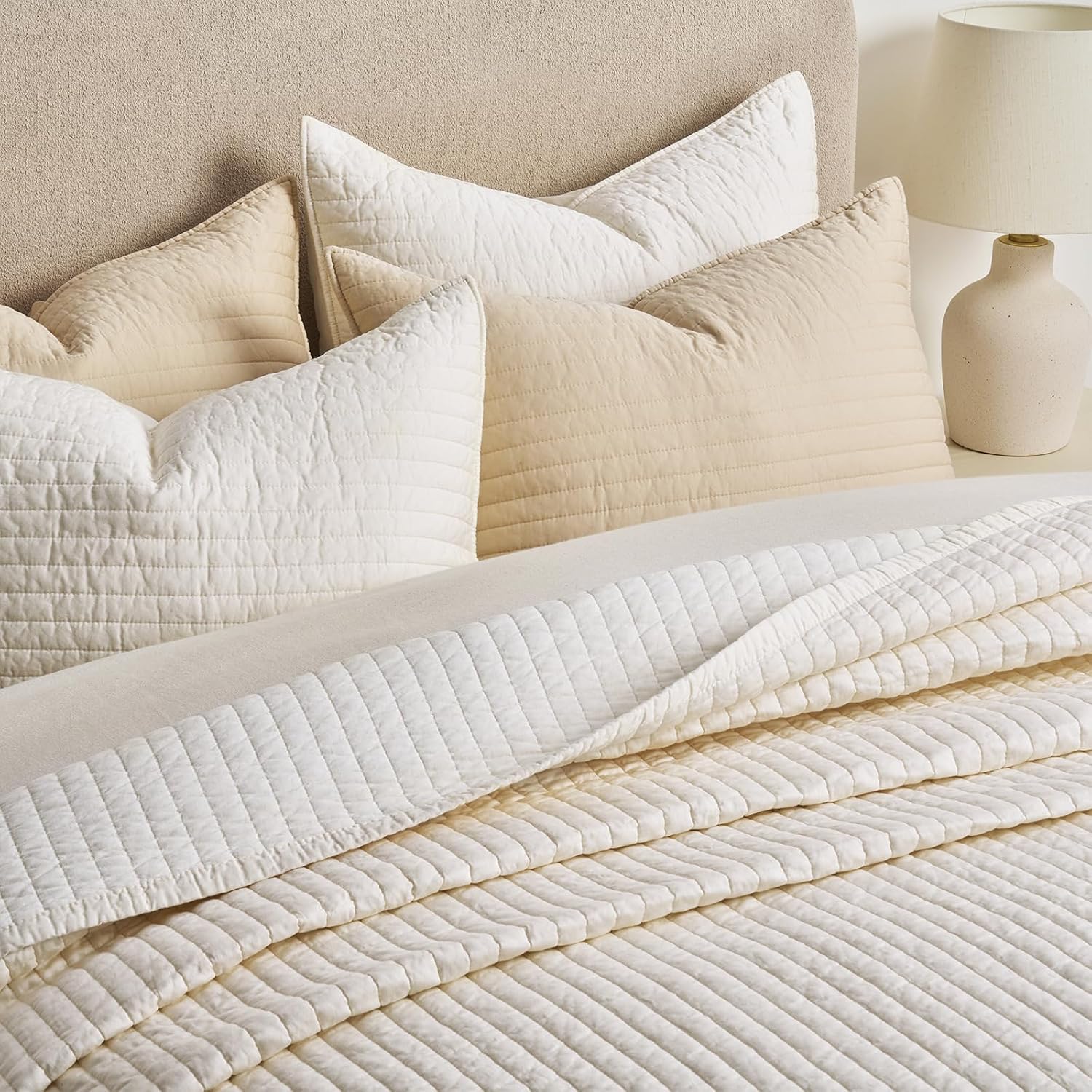 EVERGRACEHOME Cotton Sateen Quilt Set King Size, Pre-Washed Cotton Channel Stitch Coverlet Bedspread, 3 Pieces Lightweight Soft Bedding Sets for All Season, with 2 Pillow Shams, Cream