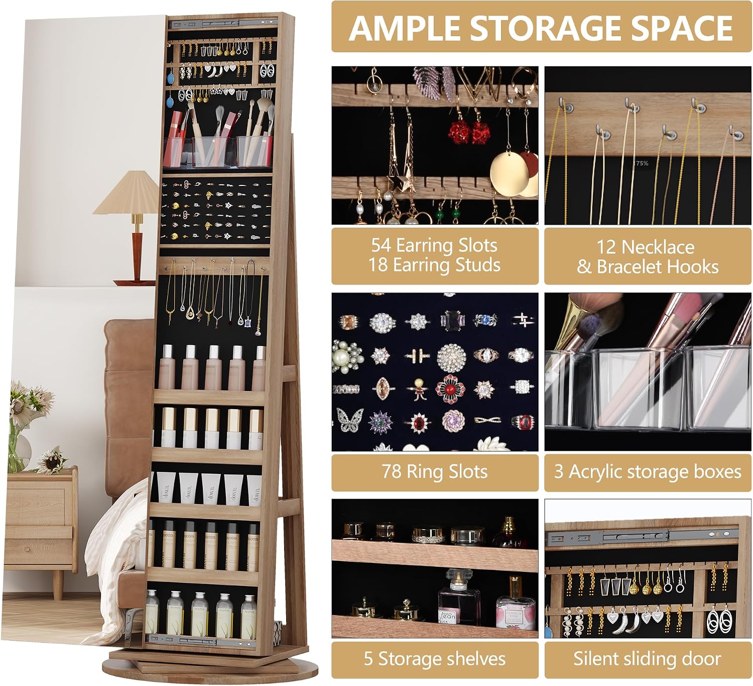 LVSOMT 360° Swivel Jewelry Cabinet with Full Length Mirror, 63' Large Capacity Jewelry Organizer Armoire, Lockable Mirror with Jewelry Storage, Floor Standing Mirror, Rear Storage Shelves
