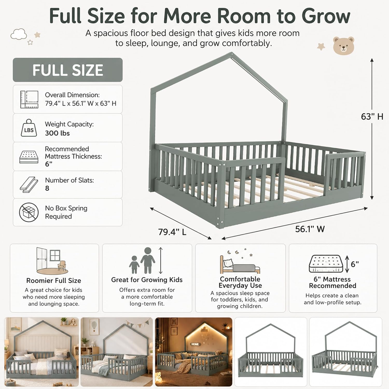 Full Size Floor Bed with High Rails, Wooden Montessori Floor Bed Full with Light & Wood Slats, Low Profile Montessori Beds for Kids, Boys & Girls, Gray