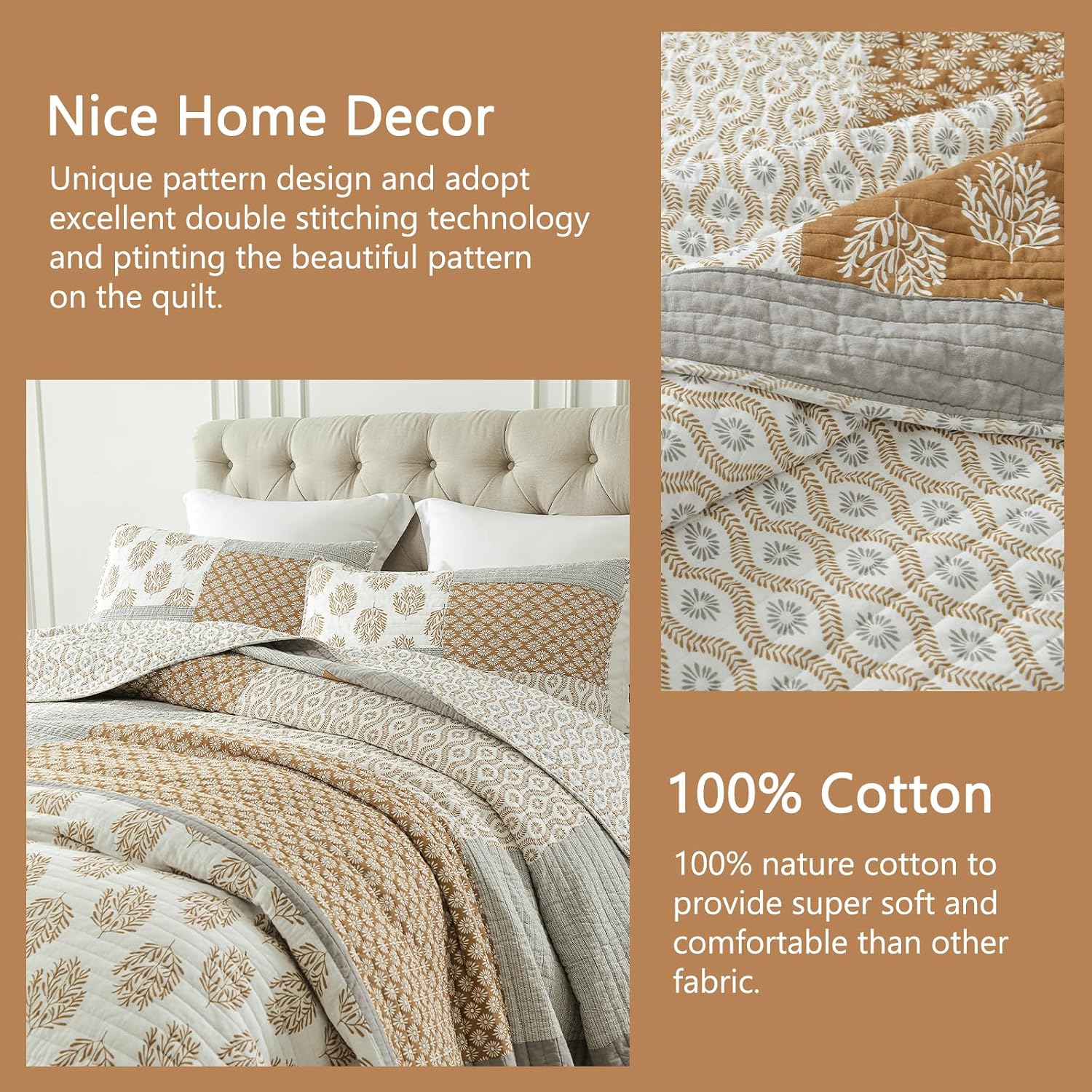 Finlonte King Size Quilt, 100% Cotton Comforter King Size, Brown Grey Farmhouse Quilted Bedspread, Patchwork Lightweight Reversible Quilt Bedding Set for King Bed, 3-Pieces