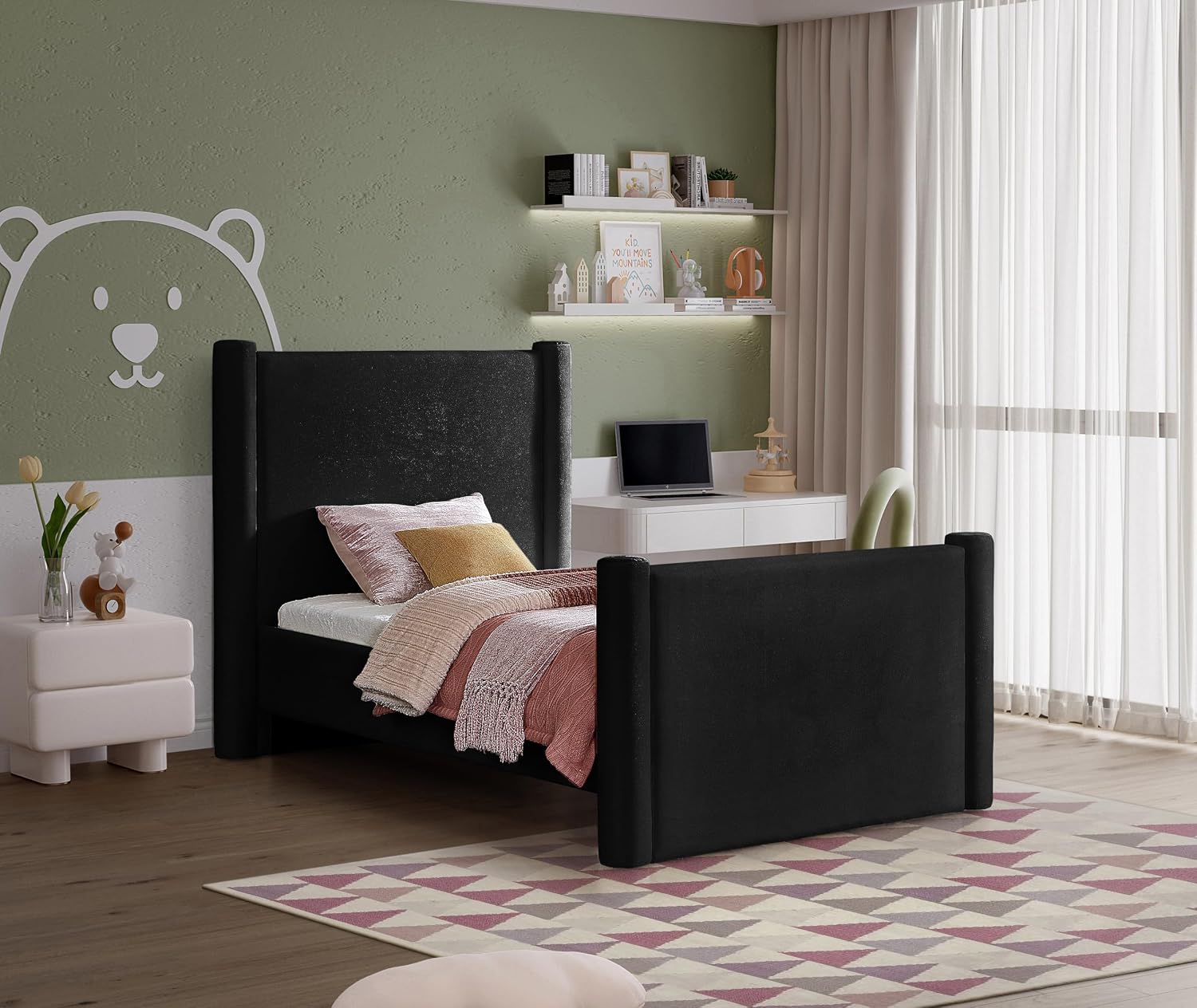 Meridian Furniture B1298Black-T Elias Collection Modern | Contemporary Twin Bed with Soft Black Velvet, Solid Wood Inner Frame, 52' W x 83.5' D x 52' H, Black, Twin
