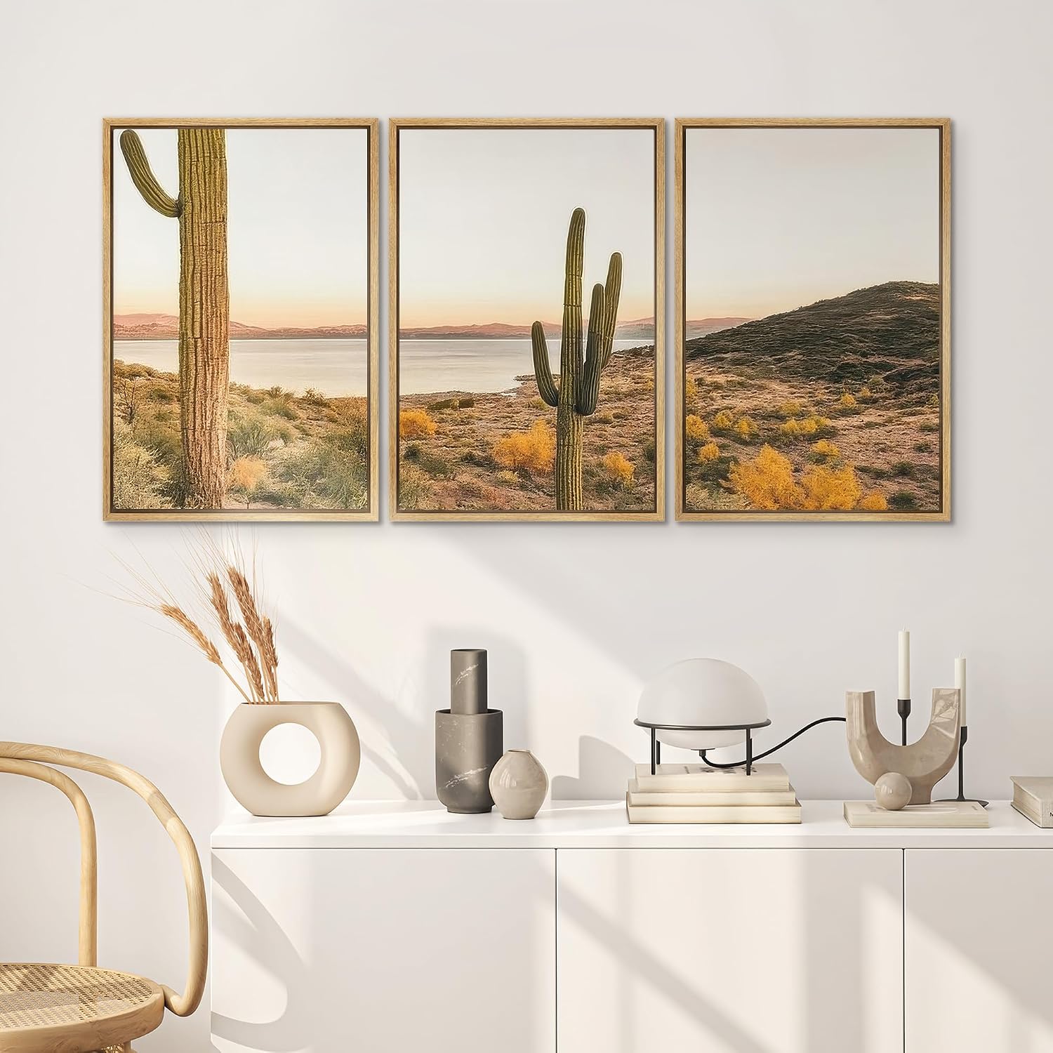 SIGNWIN Framed Canvas Print Wall Art Set Desert Cactus Landscape Southwestern Sunset Illustrations Modern Colorful Ultra for Living Room, Bedroom, Office - 24'x36'x3 Natural