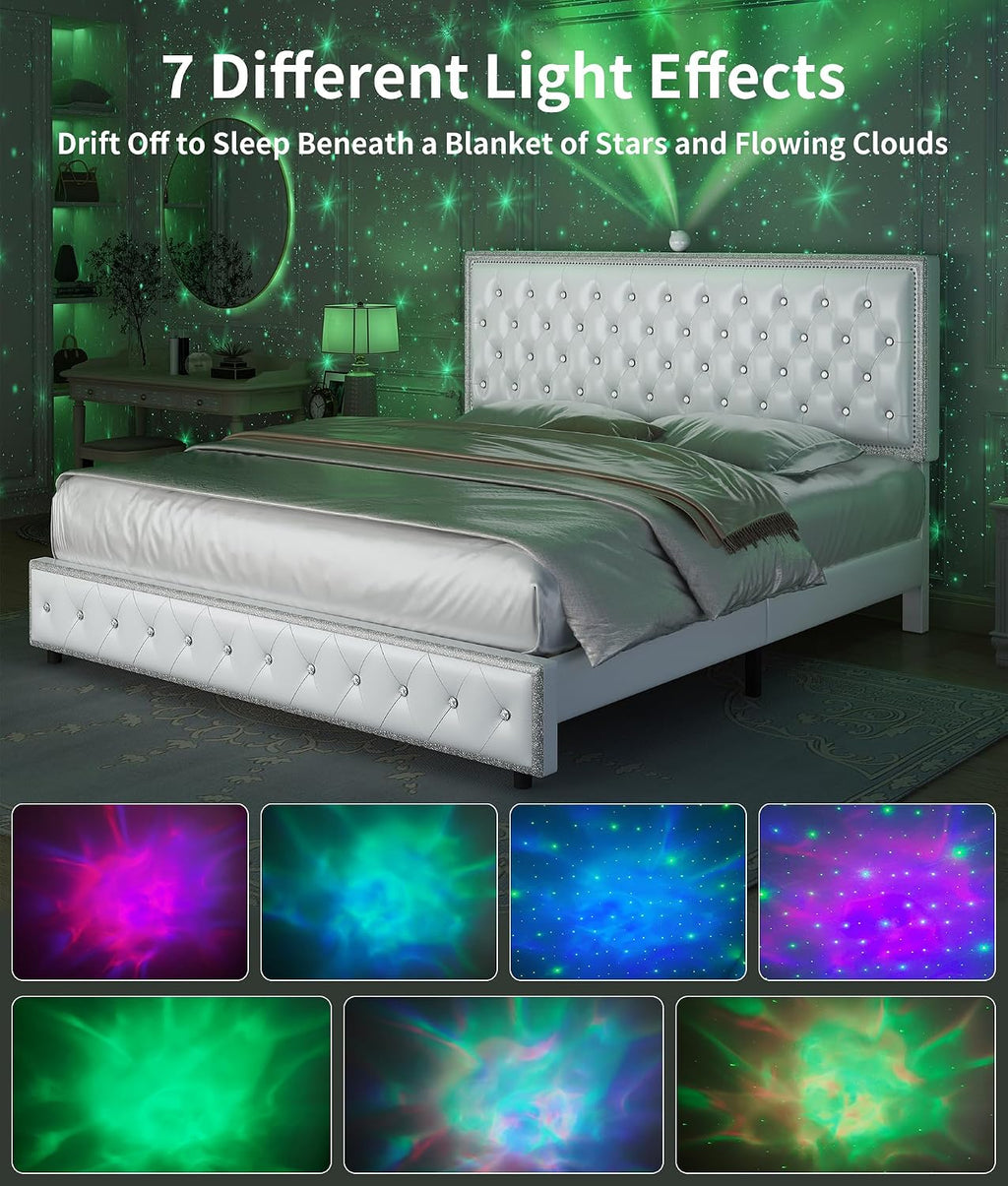 King Upholstered Platform Bed Frame with LED Headboard, Built-in Star Projector & Adjustable Headboard, No Box Spring Needed, Easy Assembly, Solid Wood Slats,Modern Bedroom Furniture, PU White