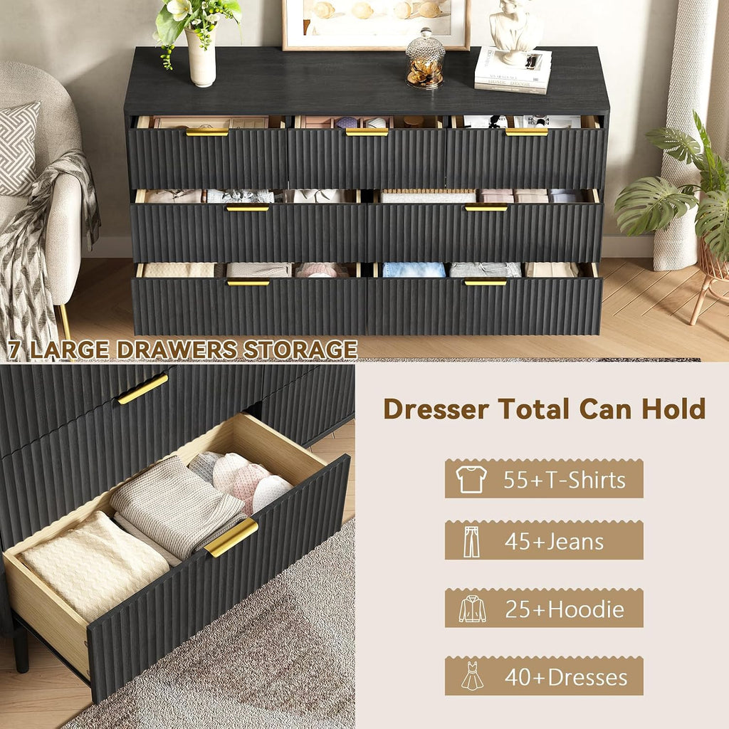 CARPETNAL Fluted Dresser and Nightstand Sets for Bedroom, 3 Pcs Bedroom Set, 7-Drawer Dresser & 2-Drawer Nightstand Set of 2, Modern Wood Chest of Drawers for Living Room, Entryway, Black