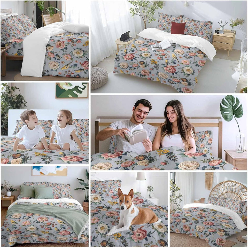 White Pink Flowers Duvet Cover Set Queen Size 4 Pieces Ethnic Retro White Floral Birds Light Purple Bedding Set with Zipper Closure, 1 Comforter Cover 92x106 Inches 1 Flat Sheet & 2 Pillow Cases
