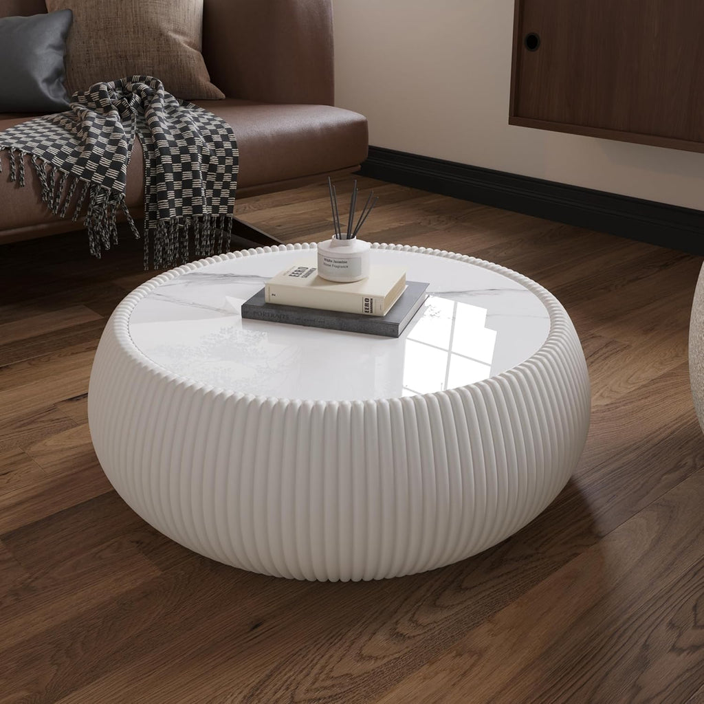 27.55' White Round Coffee Table, Drum Coffee Table with Sintered Stone Tabletop and Fluted PU Leather Covered and Stable Base, Circle Cocktail Tea Table for Living Room