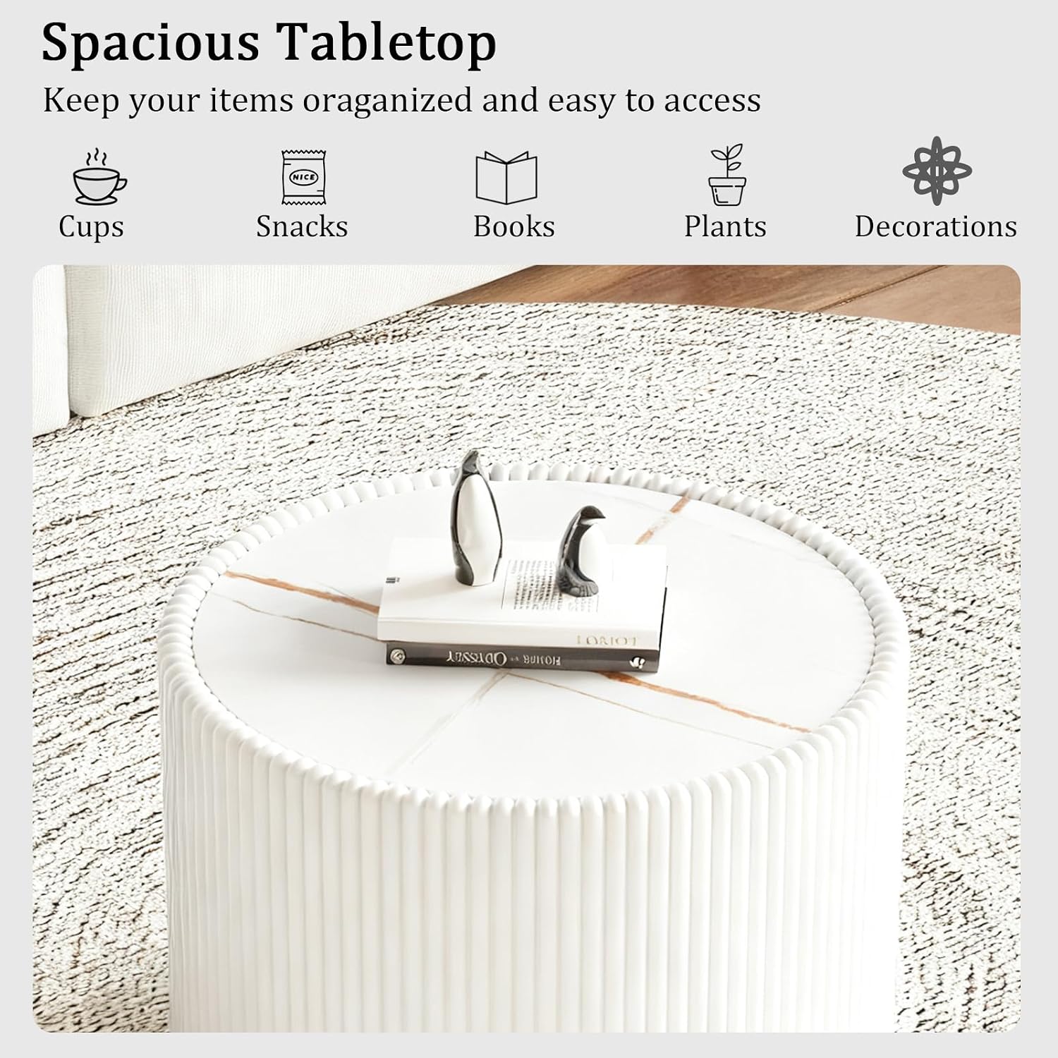 17.71' White Round Coffee Table, Drum Coffee Table with Sintered Stone Tabletop and Fluted PU Leather Covered and Stable Base, Circle Cocktail Tea Table for Living Room
