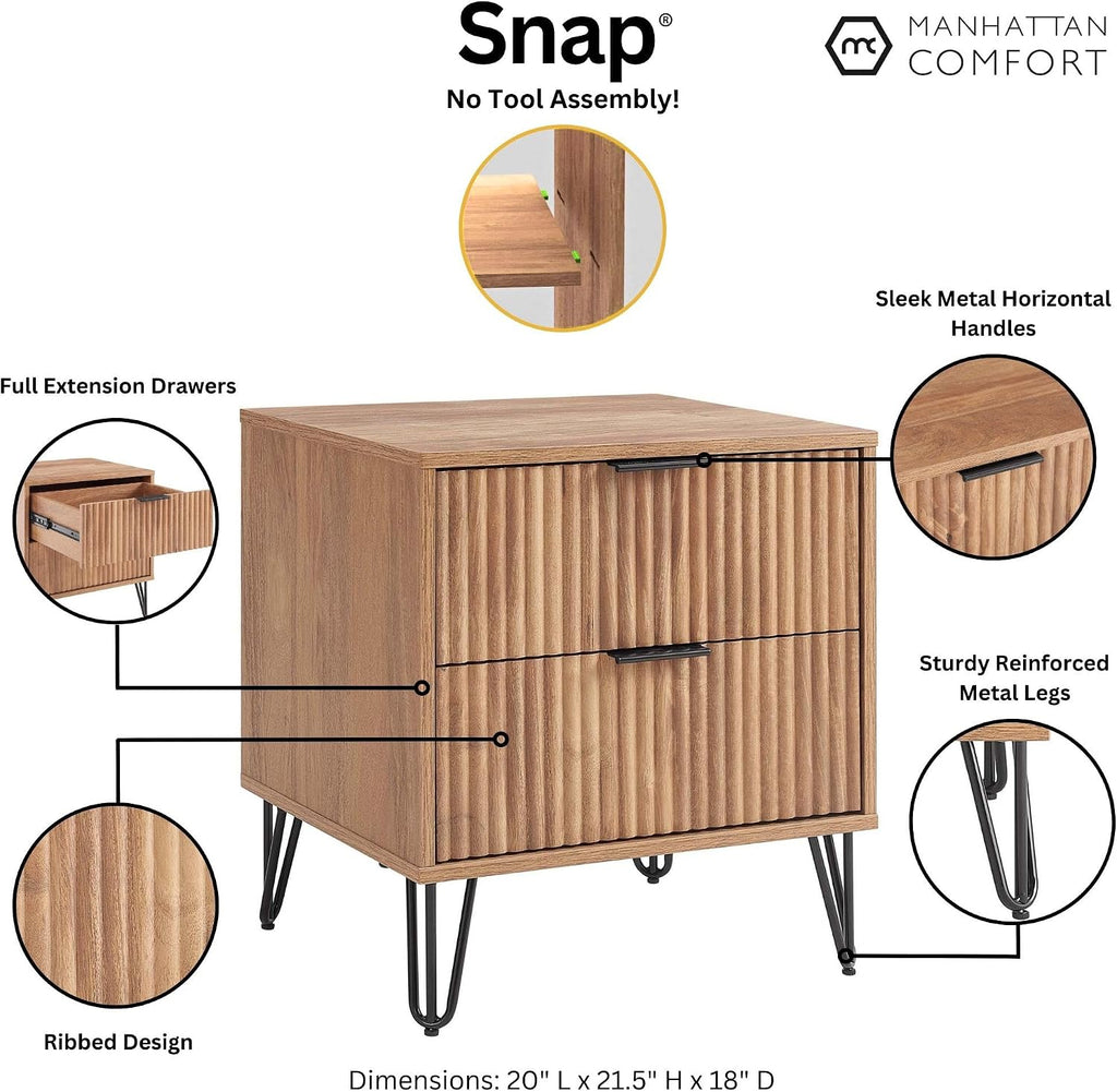 Manhattan Comfort Dumbo Modern Nightstand 2.0 with 2 Metal Feet | Stylish Splayed Gold Legs | Vertical Ribbed Drawer | Perfect for Bedroom, Set of 2, Golden Brown