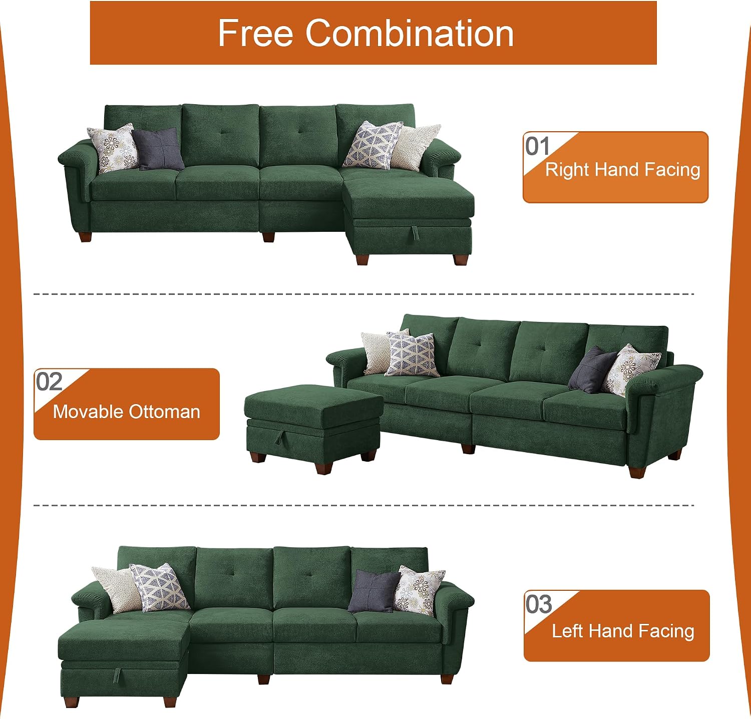 4-Seat Sectional Couches for Living Room, Bedroom, Office, L Shape Convertible Sectional Sofa Couch with Ottoman and Cup Holders, Green
