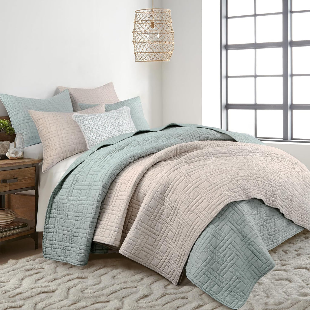 Levtex Home - Melange Stitch Quilt Set - King Quilt and Two King Shams - Solid Stitched - Natural - Quilt (106x92in.) and Shams (20x36in.) - Reversible - Polycotton Blend