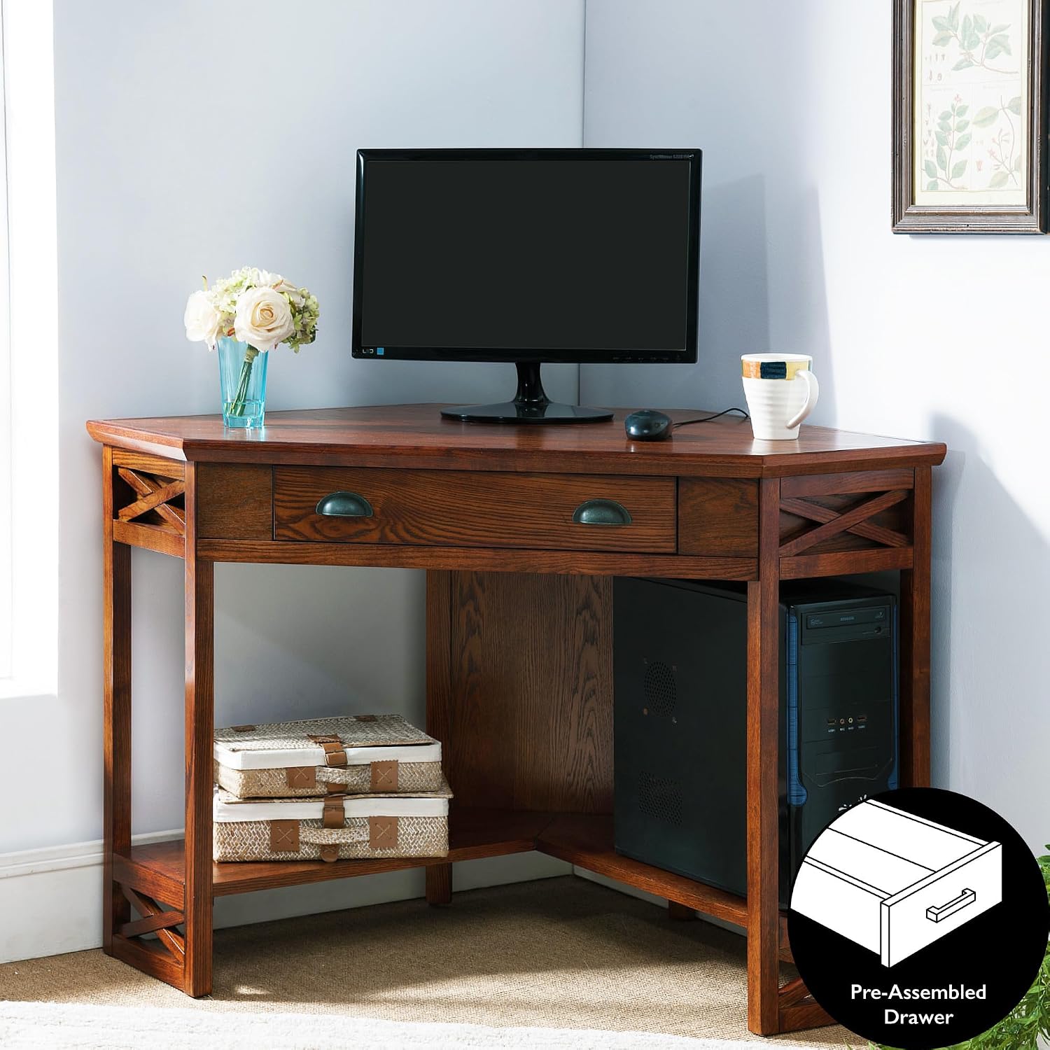 Leick Home 82431 Corner Computer Writing Desk with Drop Front Keyboard Drawer, Oak