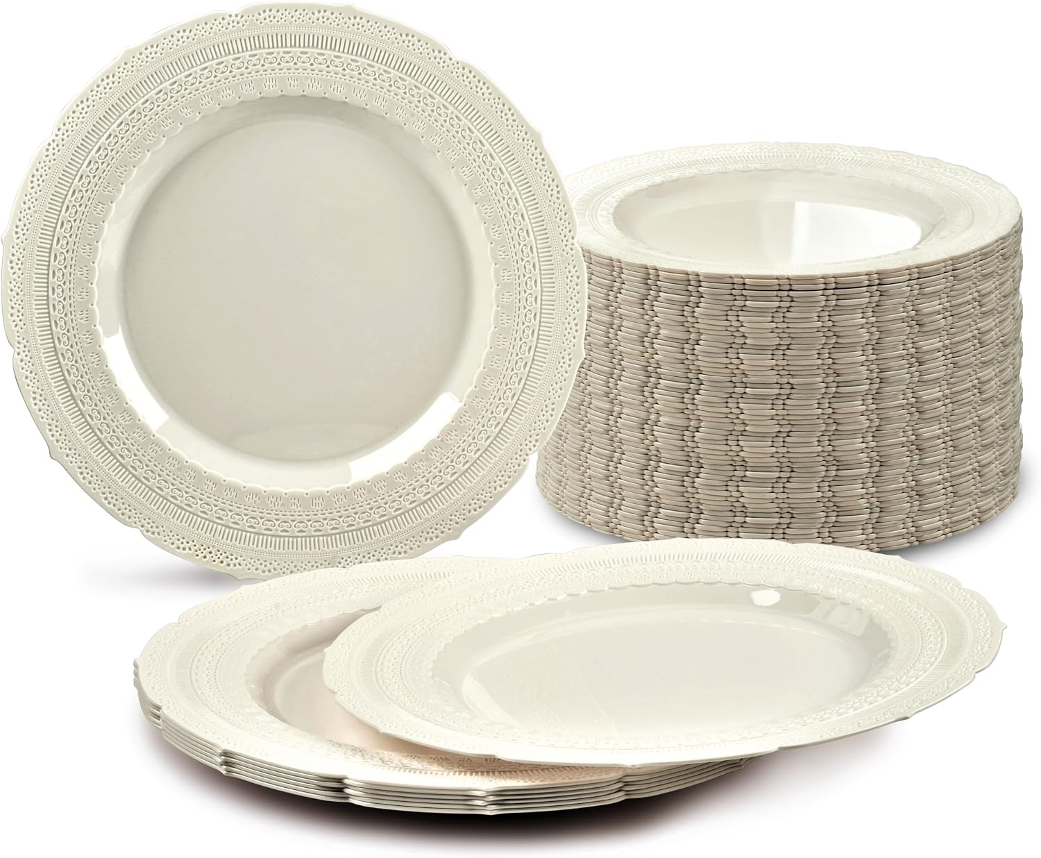 ' OCCASIONS ' 240 Plates Pack, Extra Heavyweight Vintage Wedding Party Disposable Plastic Plates (8.25'' Appetizer/dessert plate, Chateau Ivory)