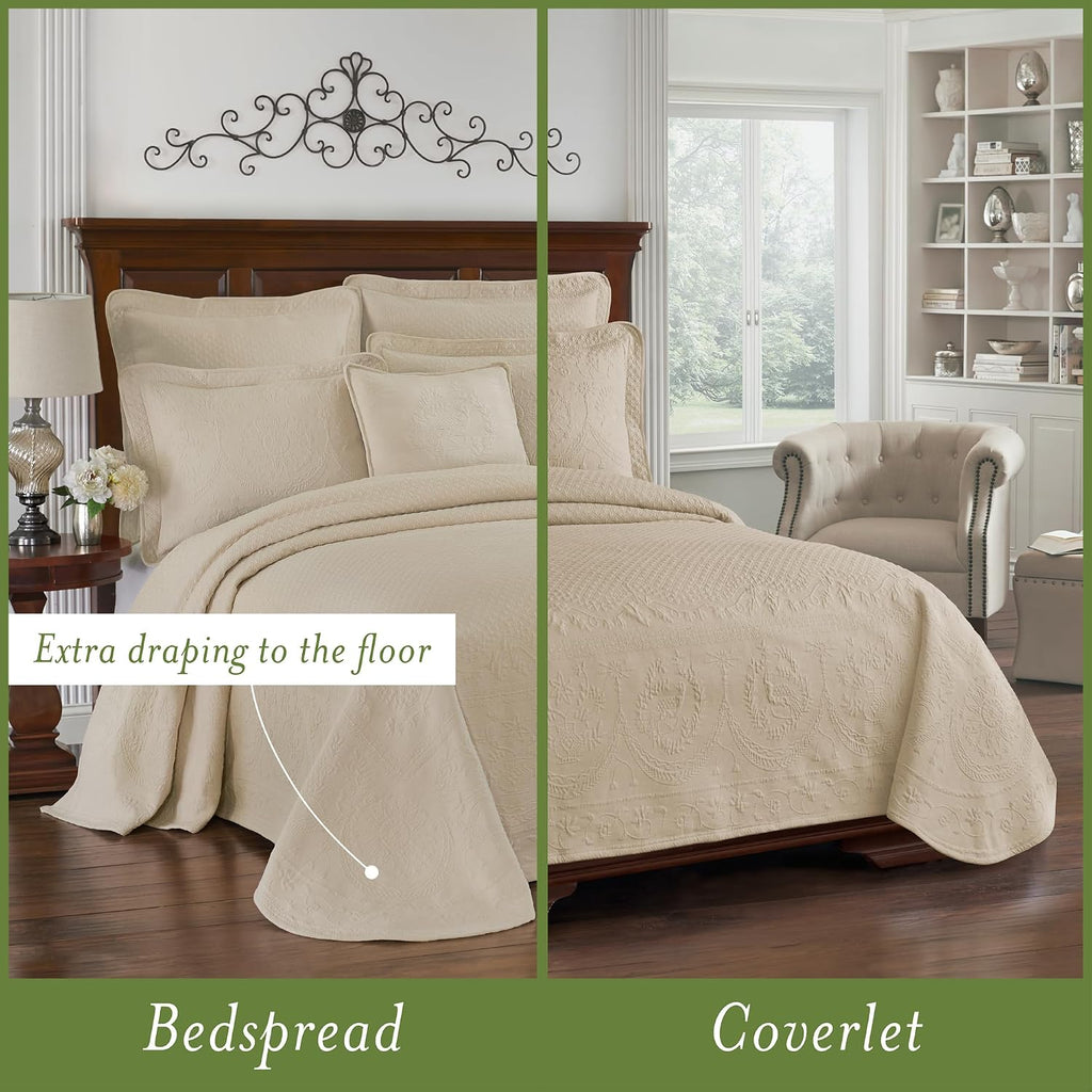 King Charles Modern Farmhouse Floral Matelasse Bedspread, 100% Cotton Breathable Bedding, Full/Queen, Birch