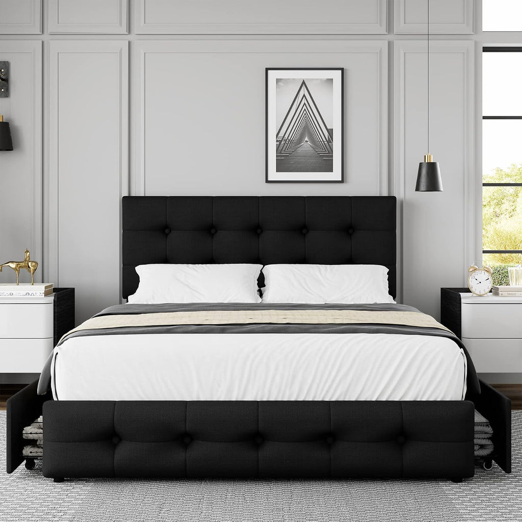 TTVIEW Full Size Bed Frame with 4 Storage Drawers and Adjustable Headboard, Upholstered Platform Bed with Button Tufted Design, Strong Wooden Slats Support, No Box Spring Needed, Black