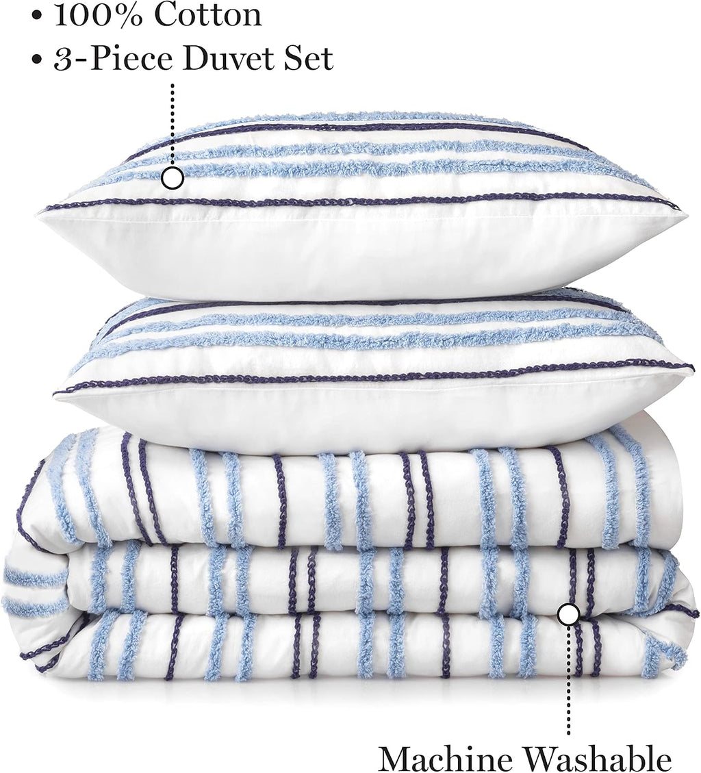 Martha Stewart - London Stripe Chenille King Size Duvet, 3 Piece Set-1 Duvet Cover, 2 Pillow Shams, Cotton-Percale, Soft, Reversible, Easy Wash, All Season 104'x92' with Button Closure, Soft Blue/Navy