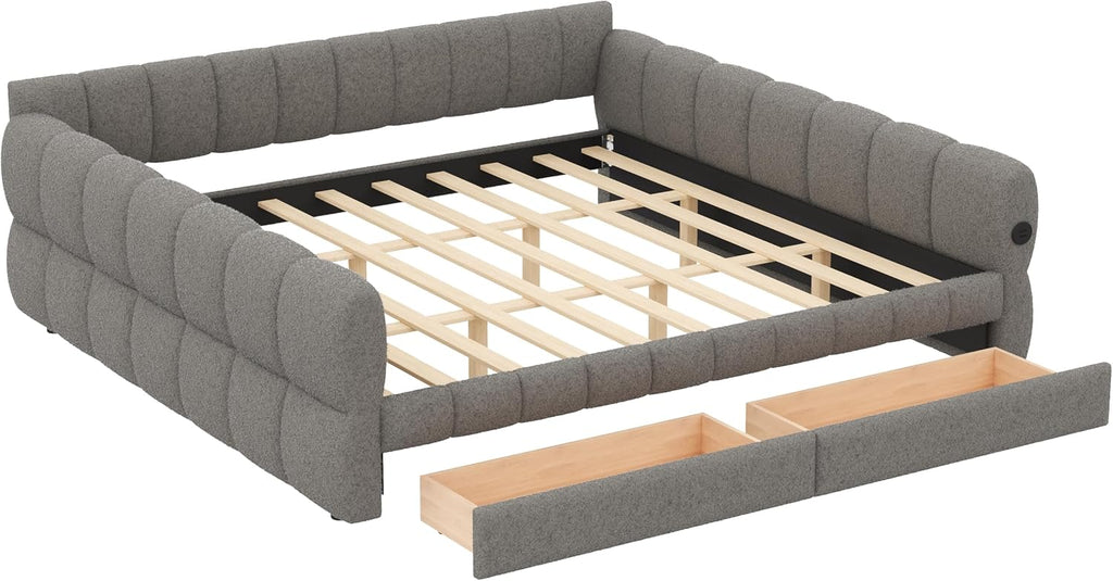 RuiSiSi King Size Daybed with Drawers, Upholstered Daybed with USB Ports, King Upholstered Sofa Bed Frame with Storage, Gray