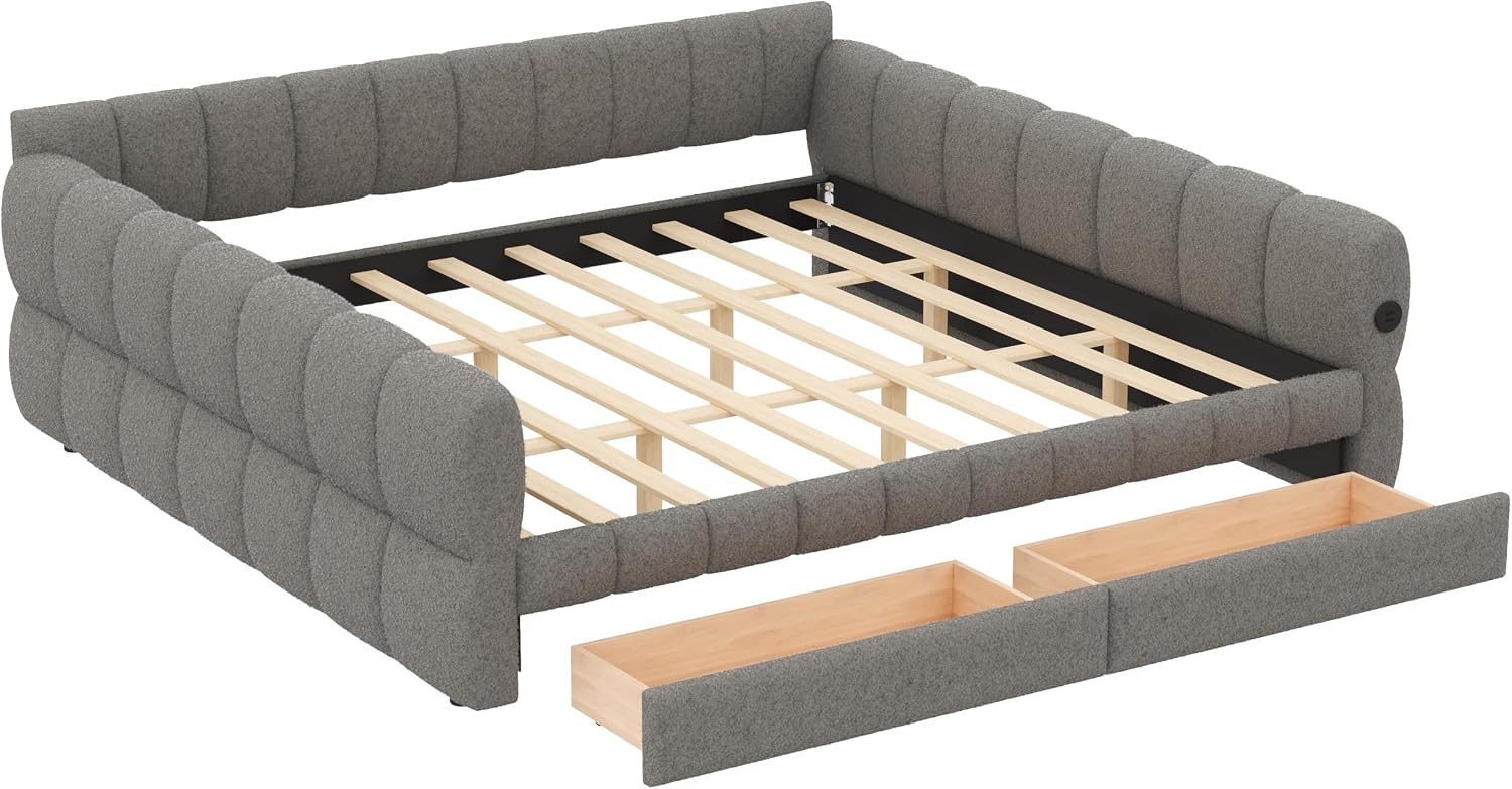 RuiSiSi King Size Daybed with Drawers, Upholstered Daybed with USB Ports, King Upholstered Sofa Bed Frame with Storage, Gray