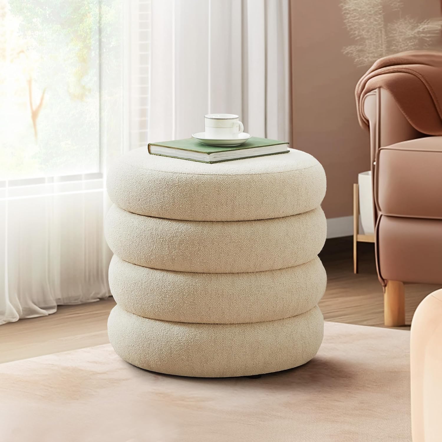 19.5 Inch Round Storage Ottoman, Modern Linen Ottoman Coffee Table with Removable Top, Beige Vanity Stool with Storage for Bedroom, Living Room, Dorm, Set of 1