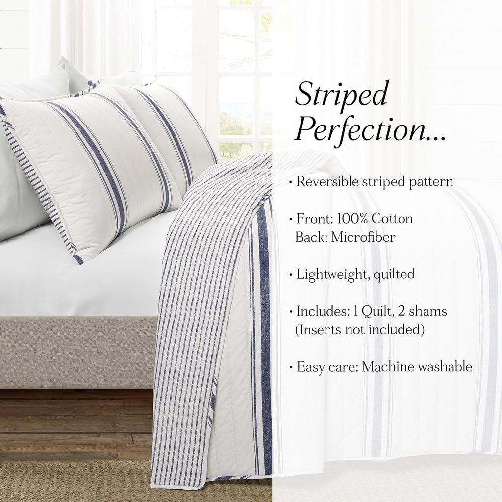 Lush Decor Farmhouse Stripe Reversible Cotton Quilt King Size 3 Piece Set Navy - Farmhouse Bedding Set King Quilt - Striped Bedding