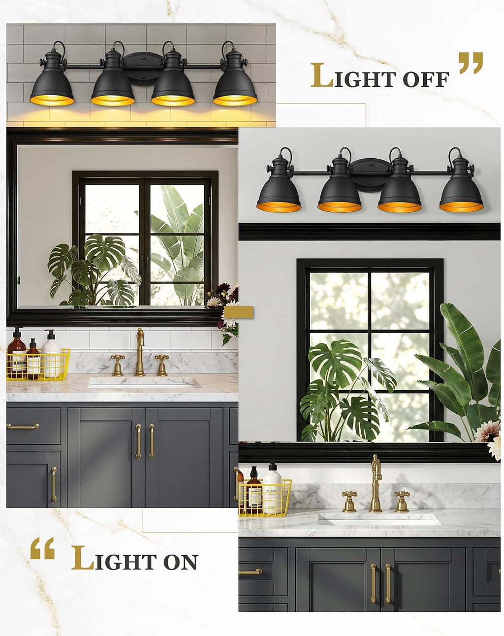 Bathroom Light Fixtures, 4-Light Industrial Vanity Lights with Black Metal Shade, Rustic Bathroom Lighting Fixtures Over Mirror, Wall Mounted, AD-2151-4W
