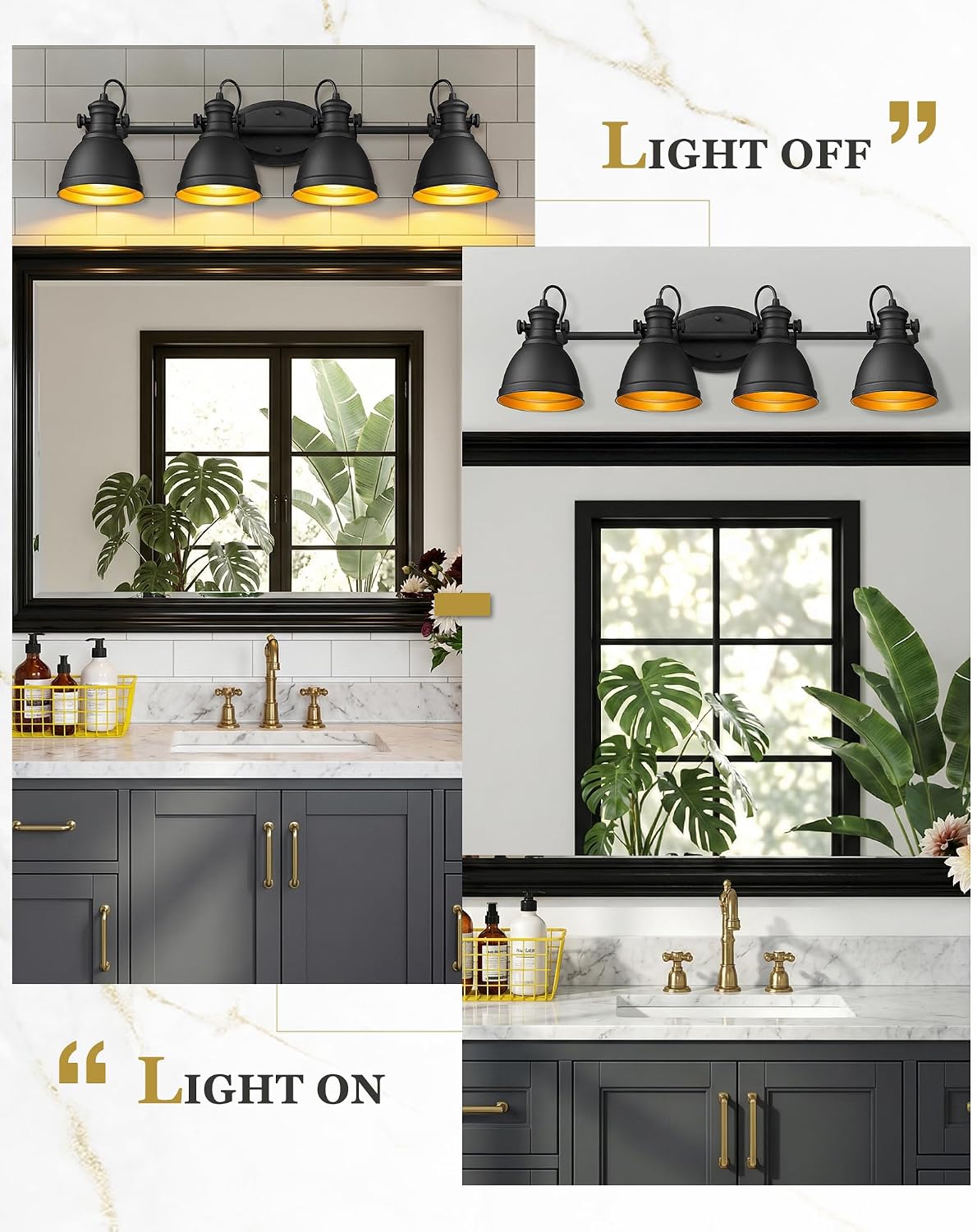 Bathroom Light Fixtures, 4-Light Industrial Vanity Lights with Black Metal Shade, Rustic Bathroom Lighting Fixtures Over Mirror, Wall Mounted, AD-2151-4W