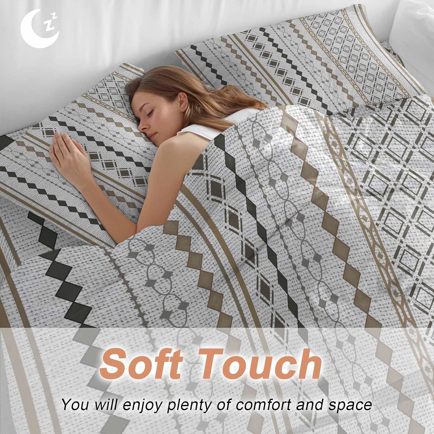 Bohemia Geometric Duvet Cover Set Queen Size 4 Pieces Brown Stripes Diamond Ethnic Linen Texture Bedding Set with Zipper Closure, 1 Comforter Cover 92x106 Inches 1 Flat Sheet & 2 Pillow Cases