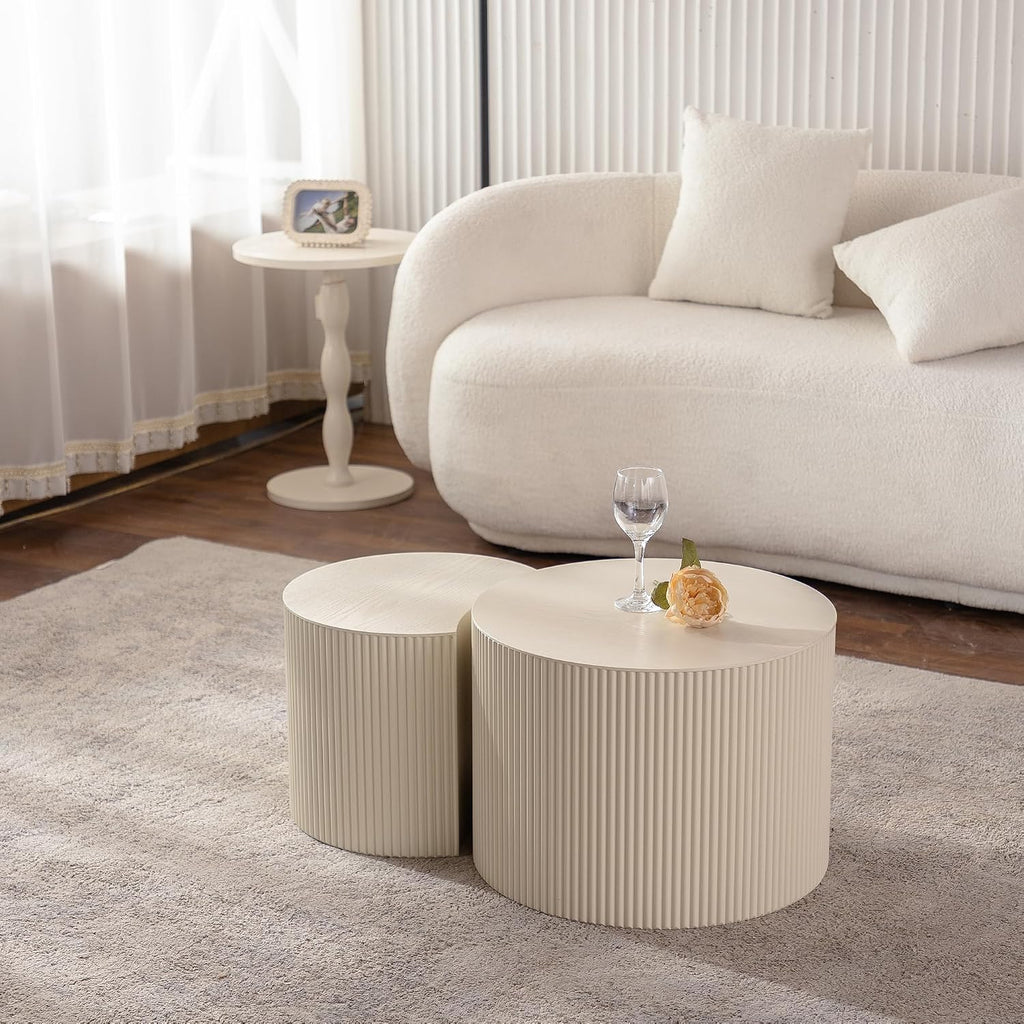 Nesting Coffee Table Set of 2, Round & Crescent Moon Wood Coffee Table and End Table Sets, Modern Luxury Accent Center Tea Table for Living Room Bedroom, （Beige + Cream, 18.9' & 14.96'
