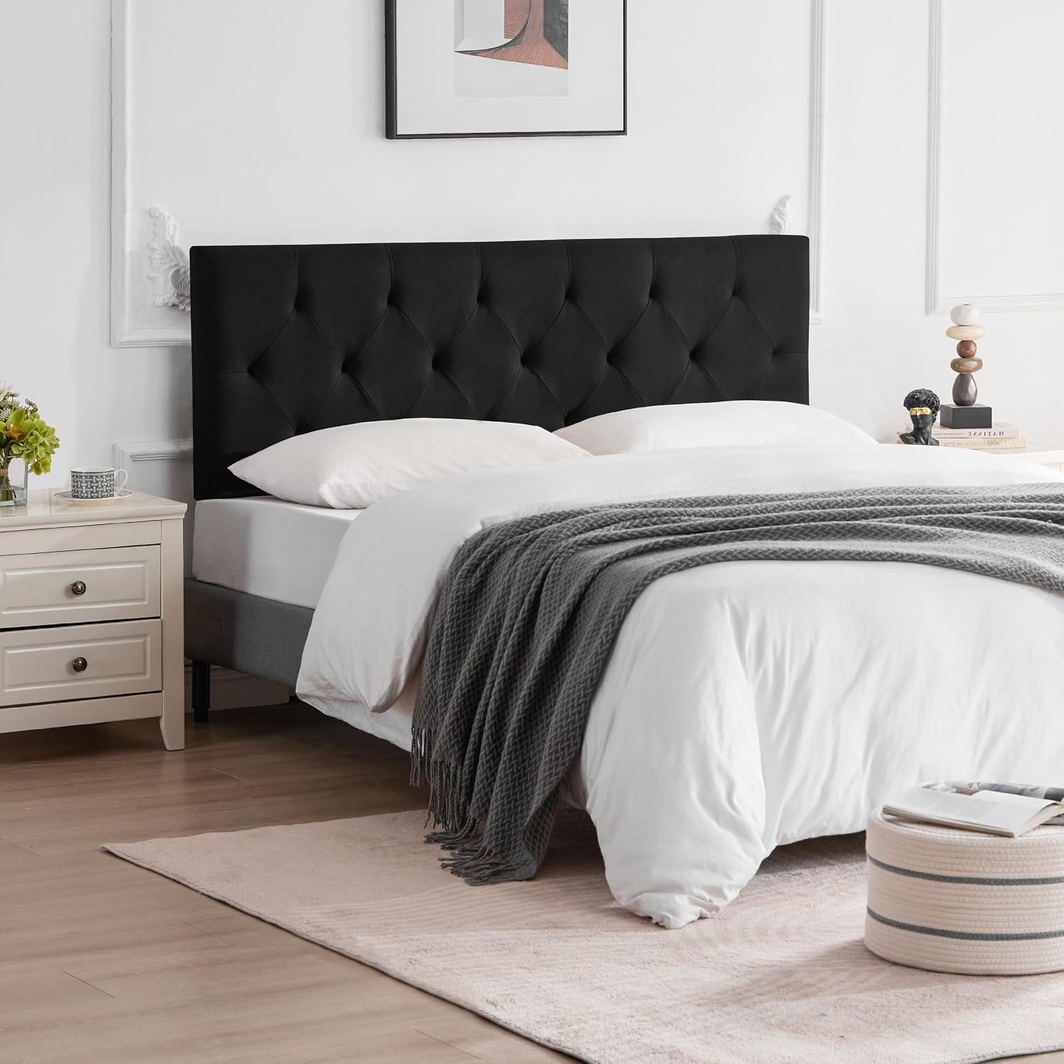 Howjoe Linen Upholstered Headboard King Size, Modern Diamond Tufting Solid Wood California King Headboard Only, Adjustable Height from 37' to 51' Head Board, Bed Frame or Wall Mount Headboards, Black