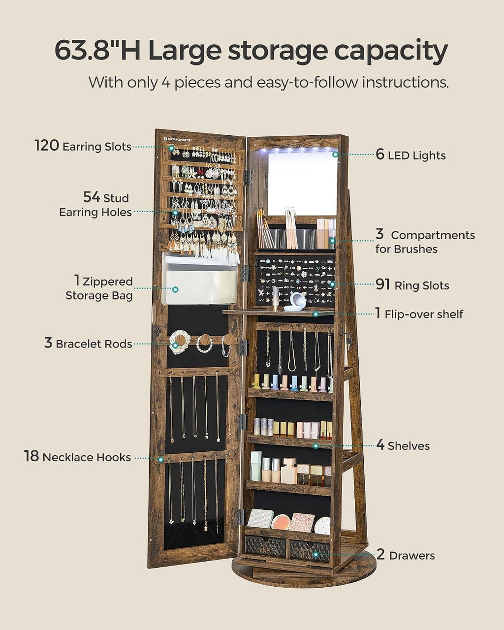 SONGMICS 6 LEDs Lockable Mirror Jewelry Cabinet, 360° Swivel Jewelry Organizer Armoire Standing, Frameless Full-Length Mirror, 3 Storage Shelves, Rustic Brown Surface, Black Lining UJJC007X01