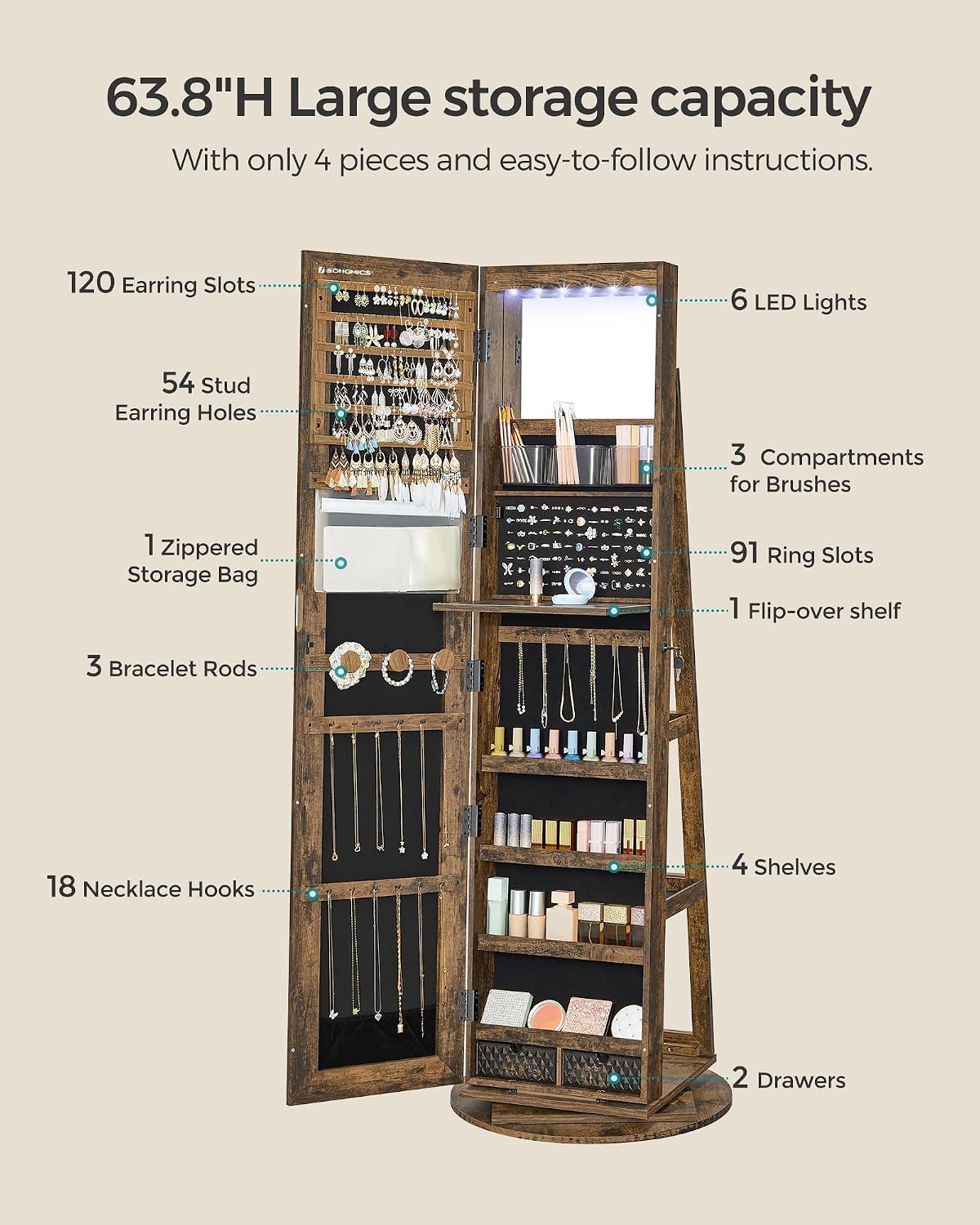 SONGMICS 6 LEDs Lockable Mirror Jewelry Cabinet, 360° Swivel Jewelry Organizer Armoire Standing, Frameless Full-Length Mirror, 3 Storage Shelves, Rustic Brown Surface, Black Lining UJJC007X01