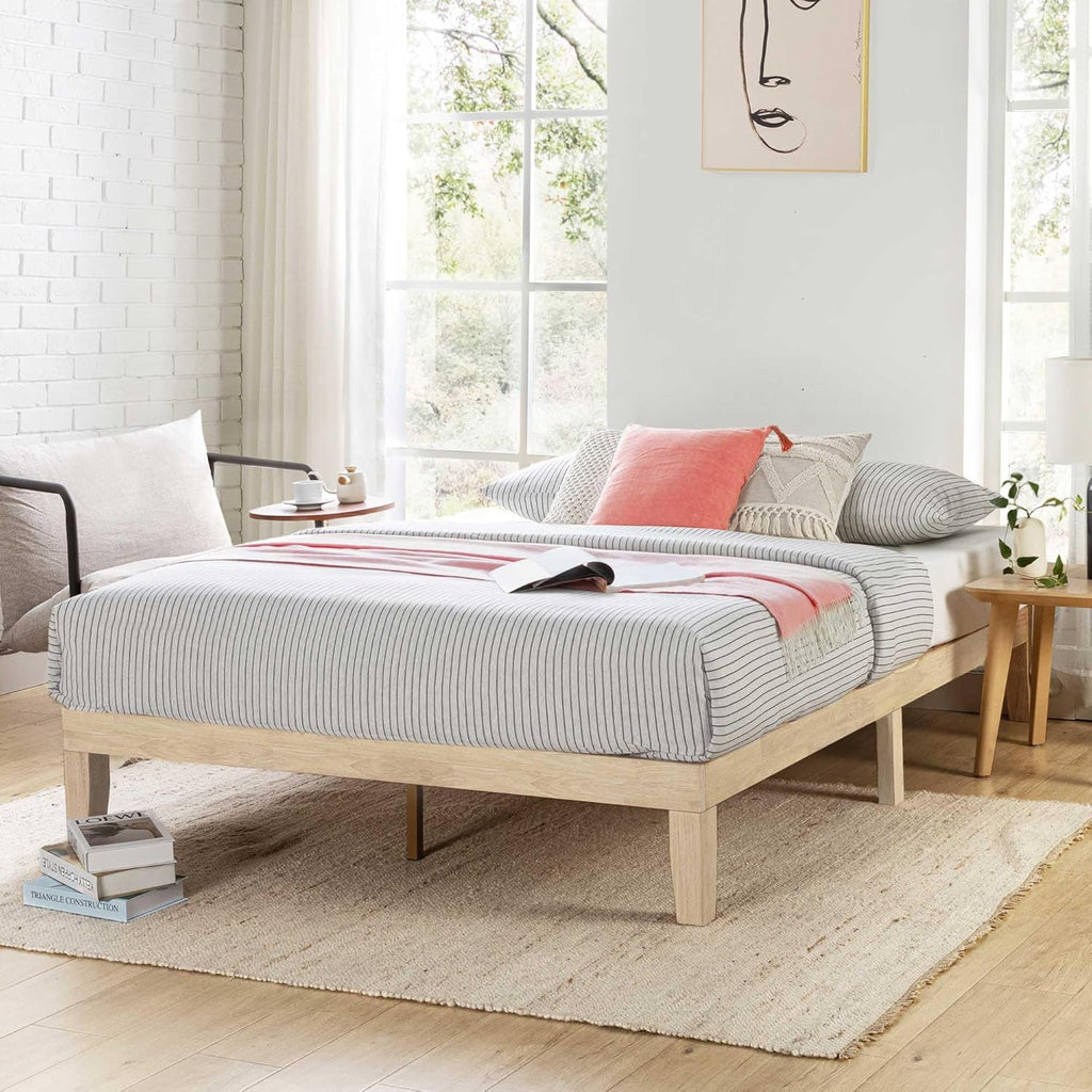 Mellow Naturalista Classic 12 Inch Solid Wood Platform Bed with Wooden Slats, Queen, White Wash