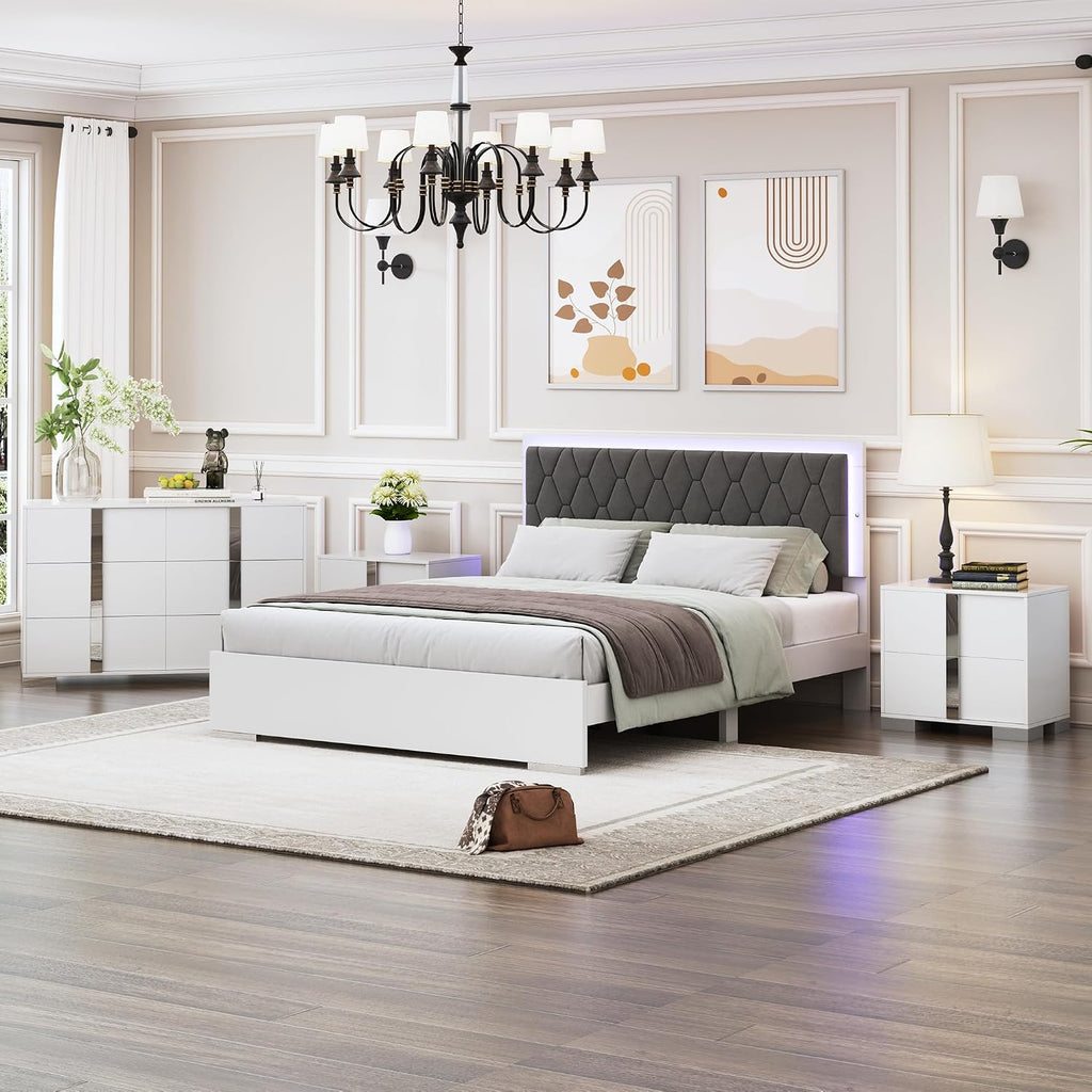 Modern White Nightstand Set of 2 for Bedroom, Elegant 2 Drawer Nightstand with Silver Mirrored Handle and Base, Wood End Table Sofa Side Table for Living Room Bedroom (White)
