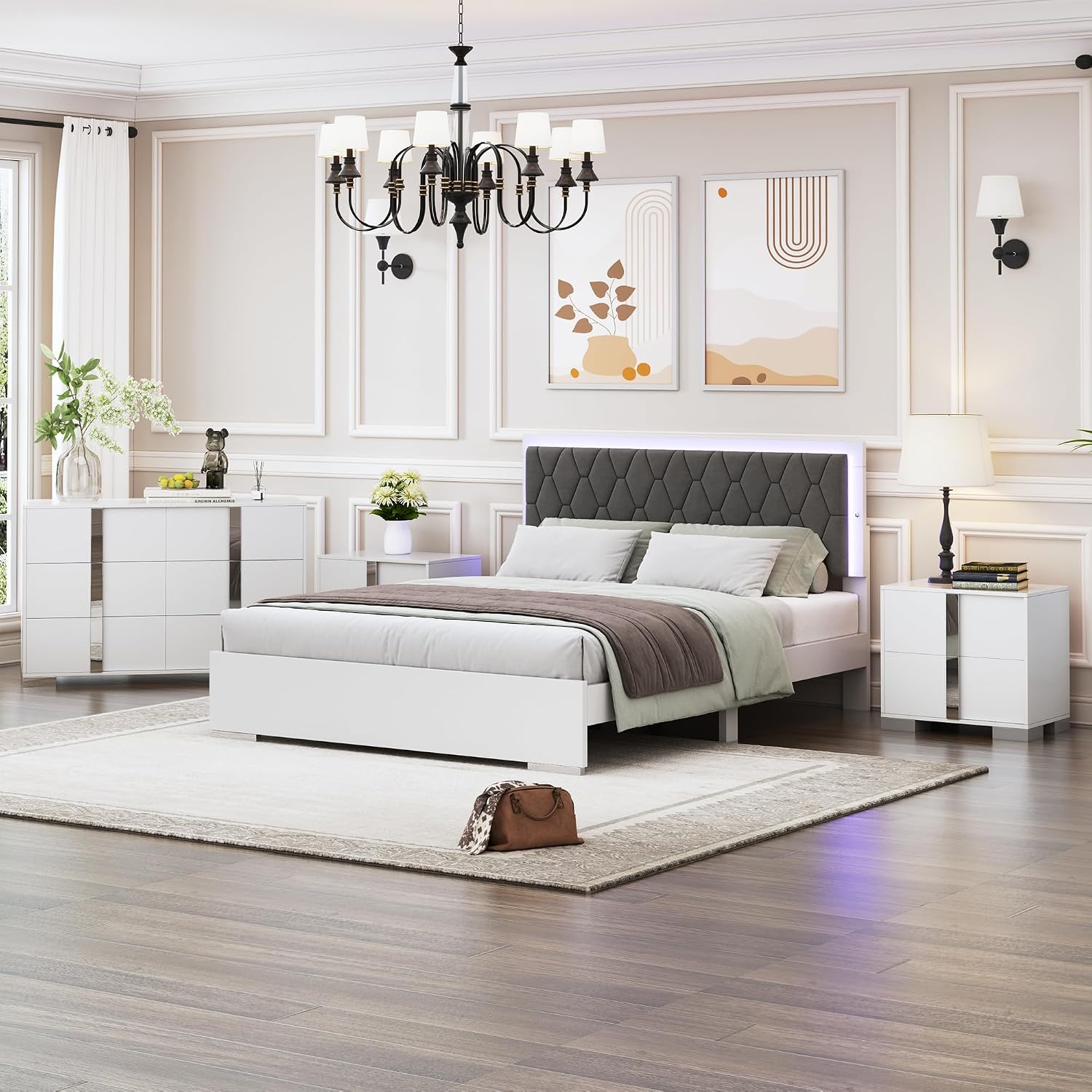 Modern White Nightstand Set of 2 for Bedroom, Elegant 2 Drawer Nightstand with Silver Mirrored Handle and Base, Wood End Table Sofa Side Table for Living Room Bedroom (White)