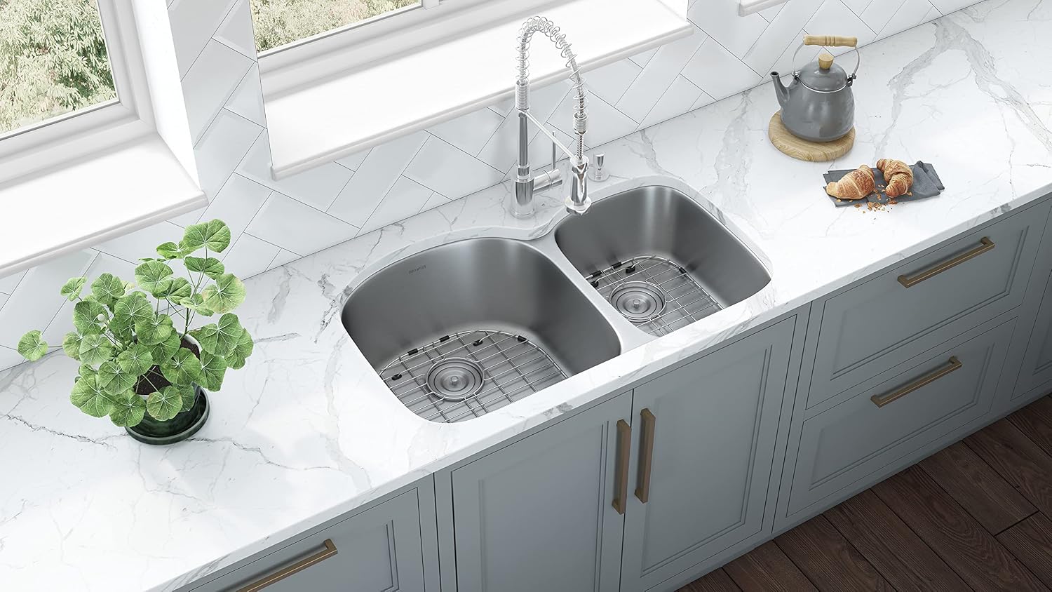 Ruvati 34-Inch Undermount Kitchen Sink – 60/40 Double Bowl Kitchen sink, 16 Gauge T-304 Stainless Steel Kitchen Sinks, Deep Basin Sink, Brushed Finish – RVM4600