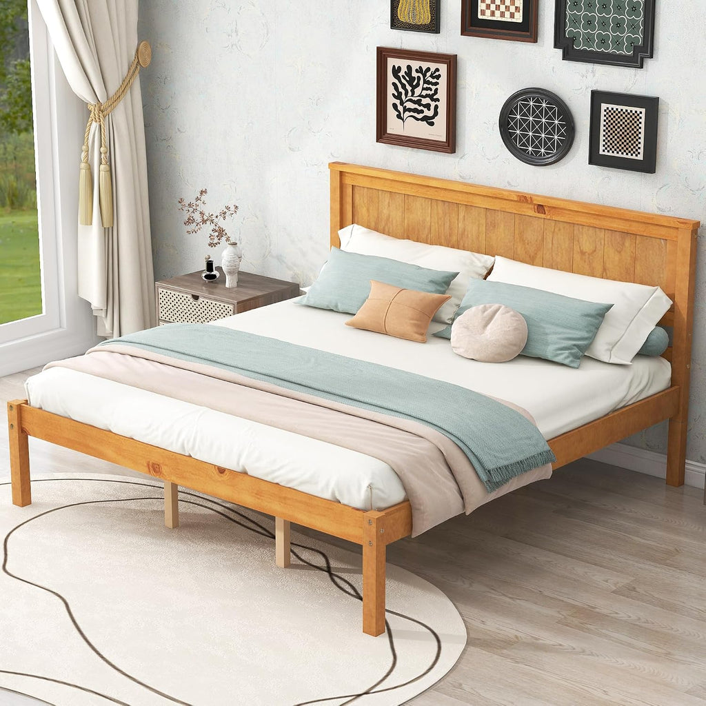 Queen Size Wood Bed Frame and Headboard, Modern Retro Brown Platform Beds Frames, Sturdy and Durable Design Rustic Wooden Bedroom Set, Easy Assembly, No Box Spring Needed (Oak, Queen)