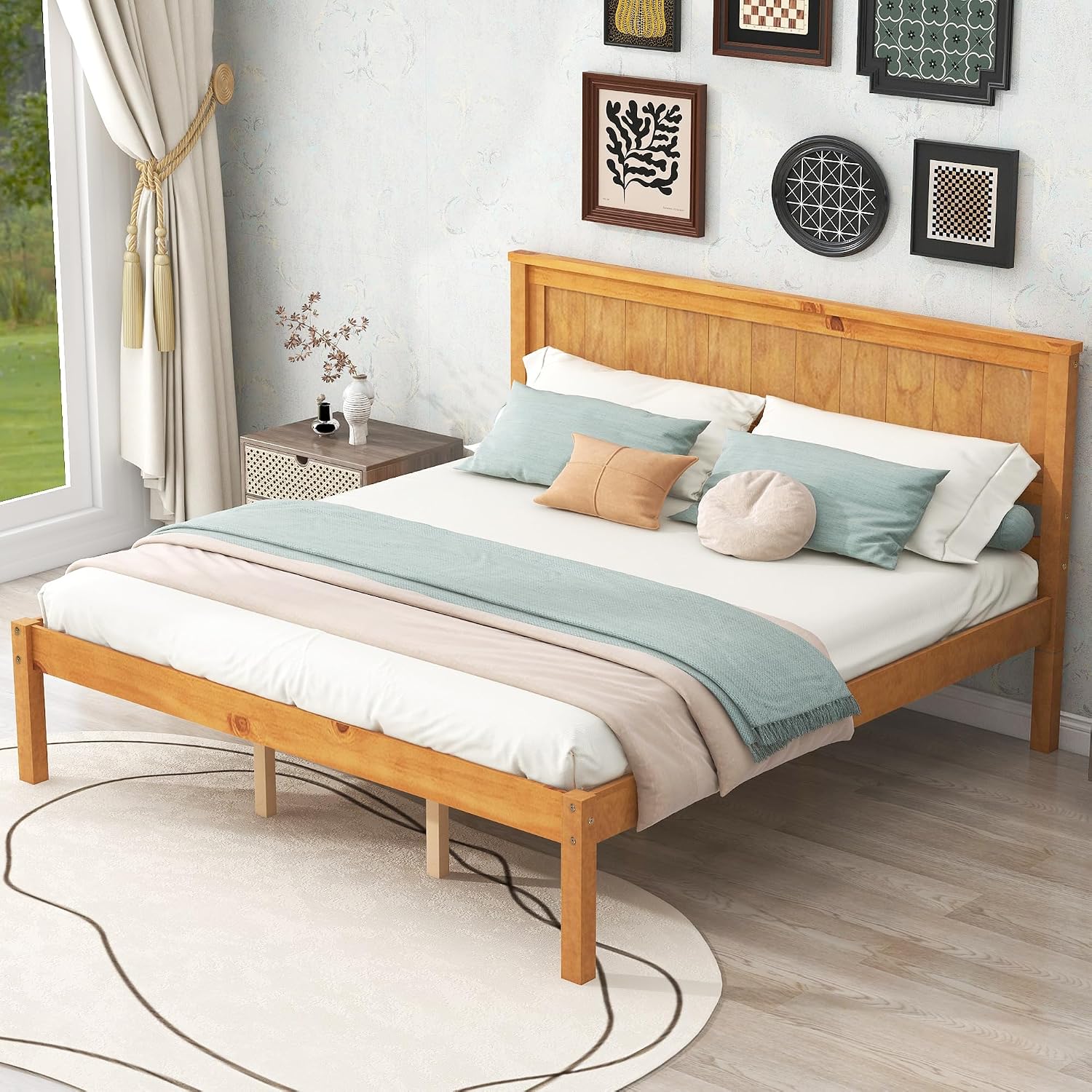 Queen Size Wood Bed Frame and Headboard, Modern Retro Brown Platform Beds Frames, Sturdy and Durable Design Rustic Wooden Bedroom Set, Easy Assembly, No Box Spring Needed (Oak, Queen)